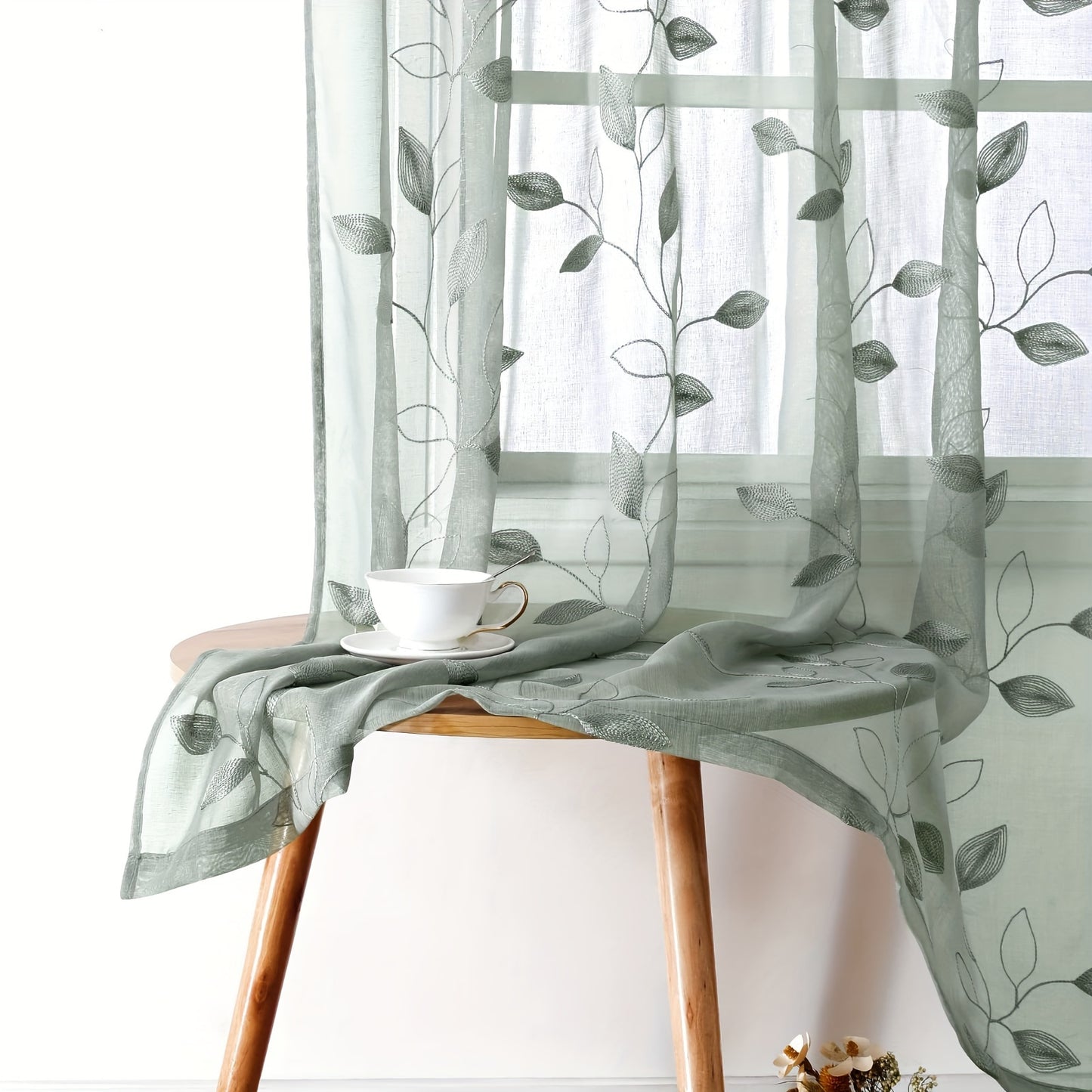 2pcs Sheer Curtains With Embroidery Leaf Pattern, Rod Pocket Faux Linen Floral Semi Curtains Voile Window Curtains Kitchen Curtains, Drapes for Bedroom Living Room