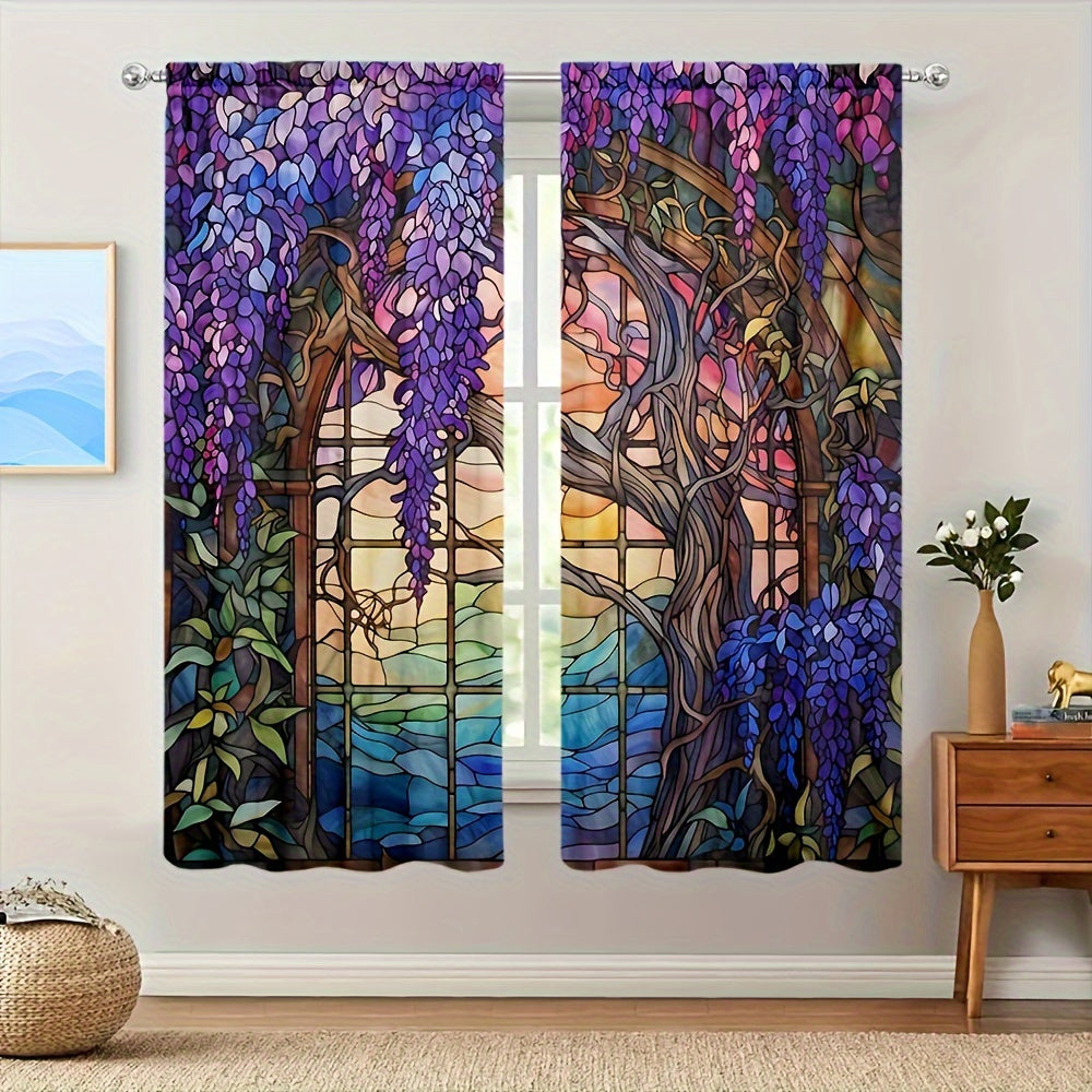 2pcs Stained Glass Flower Wisteria Printed Curtain For Home Decor Rod Pocket Window Treatment For Bedroom, Office, Kitchen, Living Room, And Study