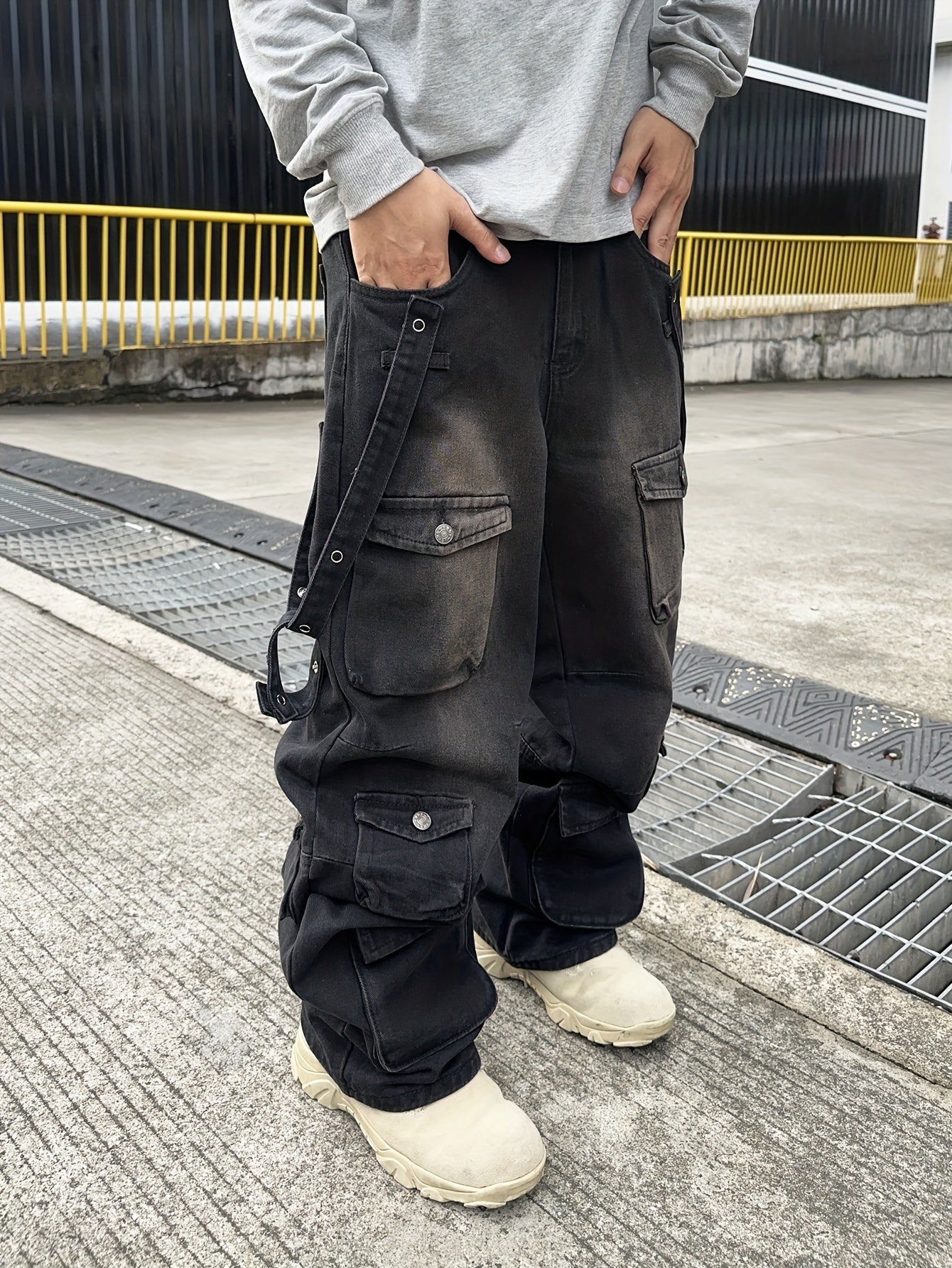 Men's Casual Loose Fit Cotton Denim Cargo Pants - All-Season Wear, Drawstring Waist