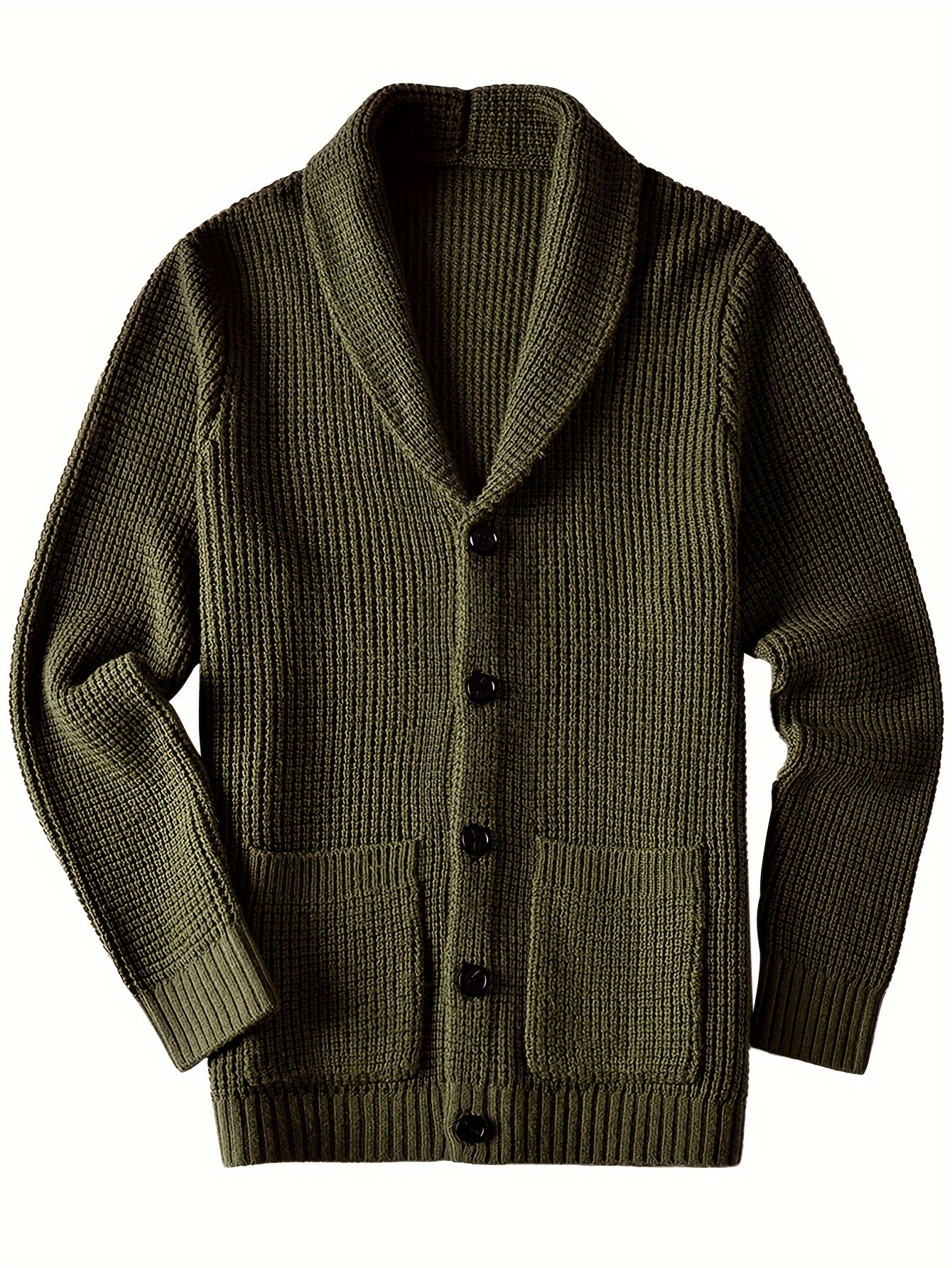 Mens Long Sleeve Green Shawl Collar Solid Color Acrylic Knit Cardigan Sweater with Pocket - Soft, Slight Stretch Fabric, Regular Fit, Placket Closure - Perfect for Fall and Winter Seasons