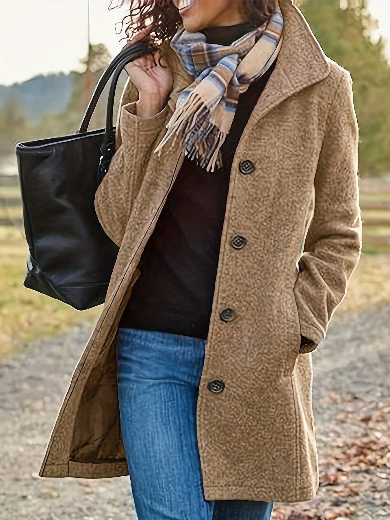 Solid Single Breasted Coat, Casual Long Sleeve Fall & Winter Outerwear, Women's Clothing