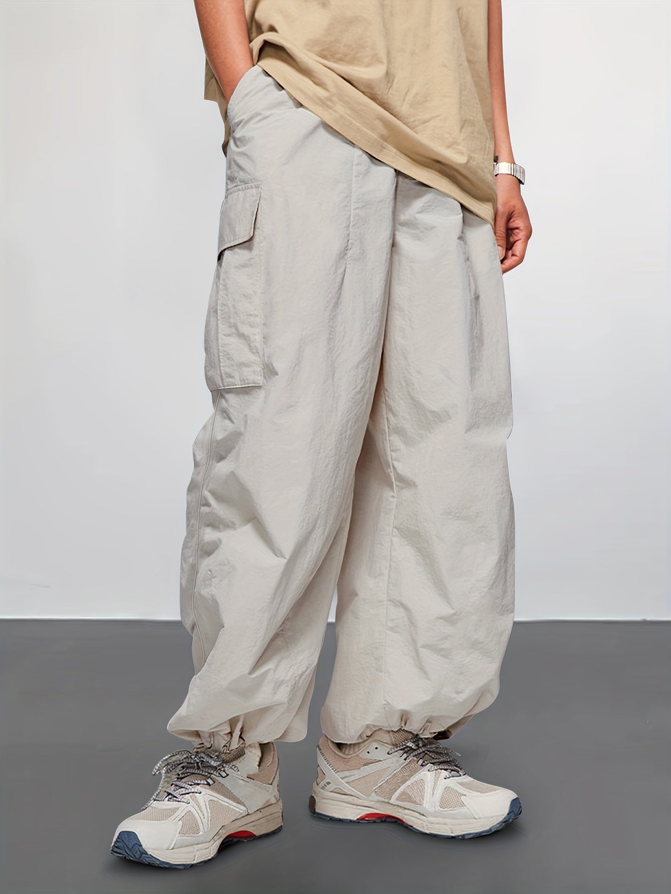 Rugged yet Stylish Mens Cargo Pants - Loose Fit, Solid Color with Flap Pockets & Adjustable Drawstring Hem - Ideal for Outdoor Adventures, Casual Wear & Street Style