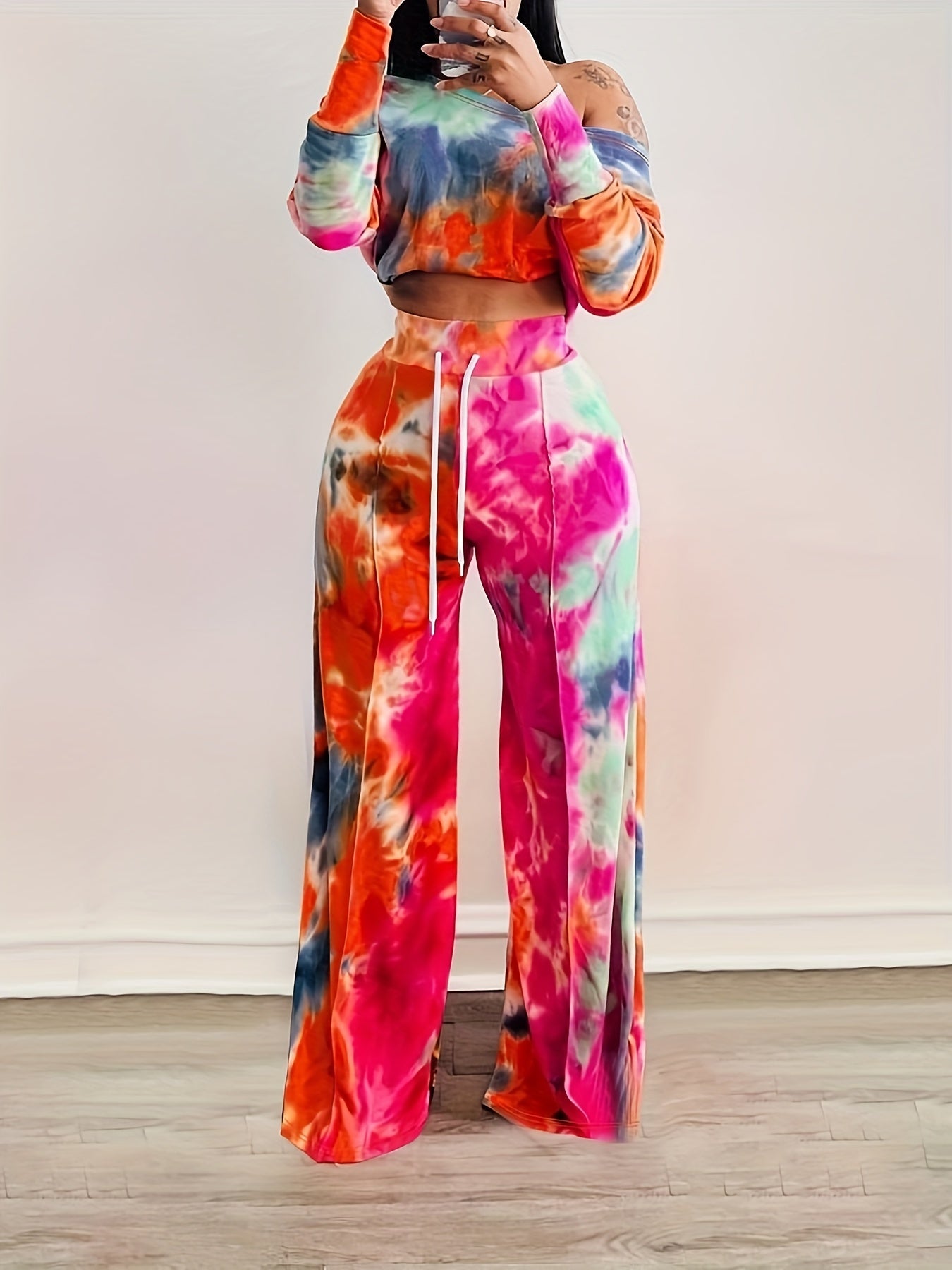 Trendy Tie Dye Two-piece Outfit Set - Soft Long Sleeve Crop Top & Adjustable Drawstring Pants - Casual, Comfortable, and Flattering Womens Clothing