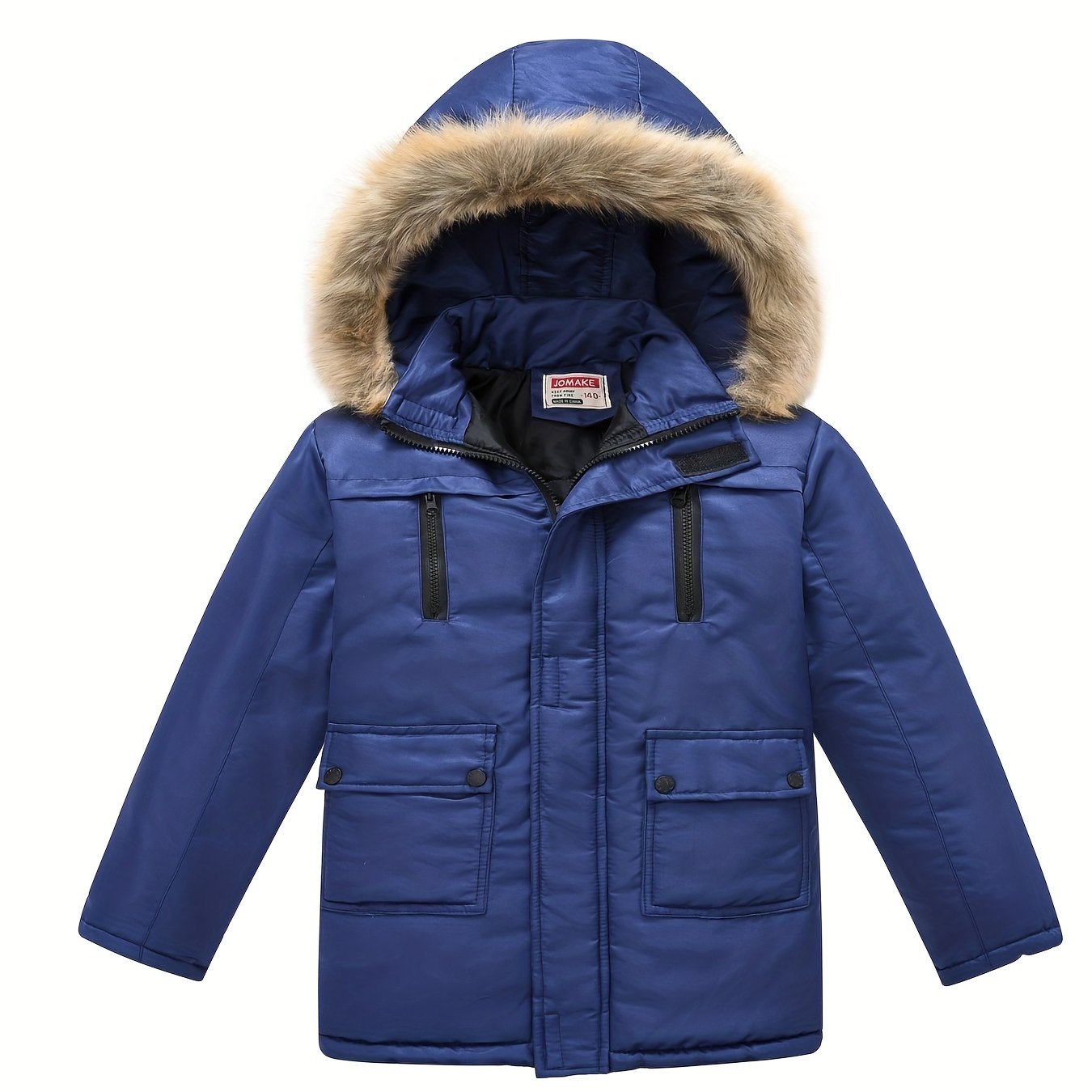 Teenagers Lapel Collar Winter Coat - Detachable Hood, Zipper Closure, Polyester Fabric, Regular Fit, Hand Washable - Solid Color, Casual Style, Woven Construction