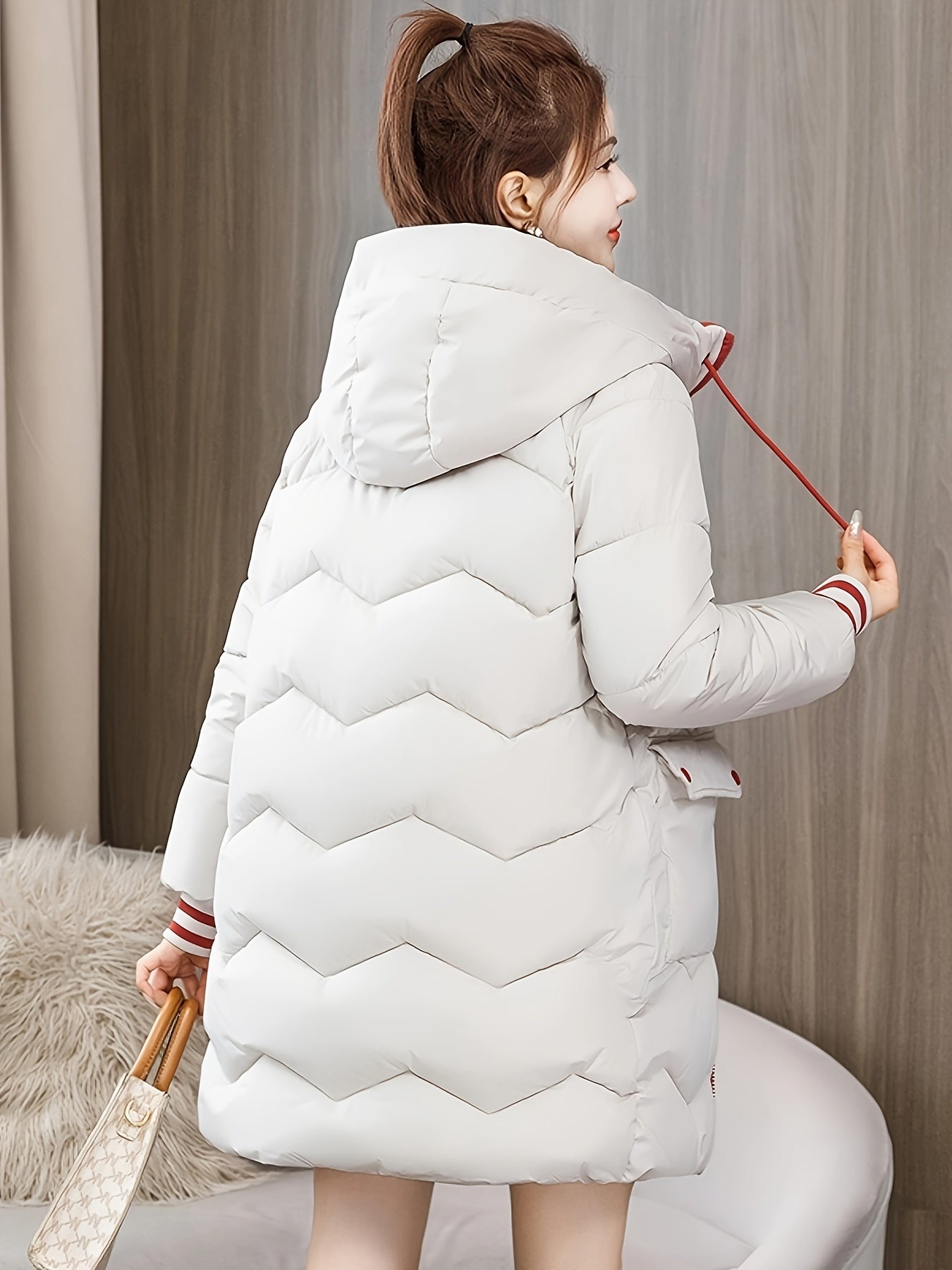 Midi Length Raglan Sleeve Hooded Jacket - Contrast Trim Zipper Front, Flap Pockets, Long Sleeve, Solid Color, Machine Washable, Casual Polyester Outerwear - Womens Clothing