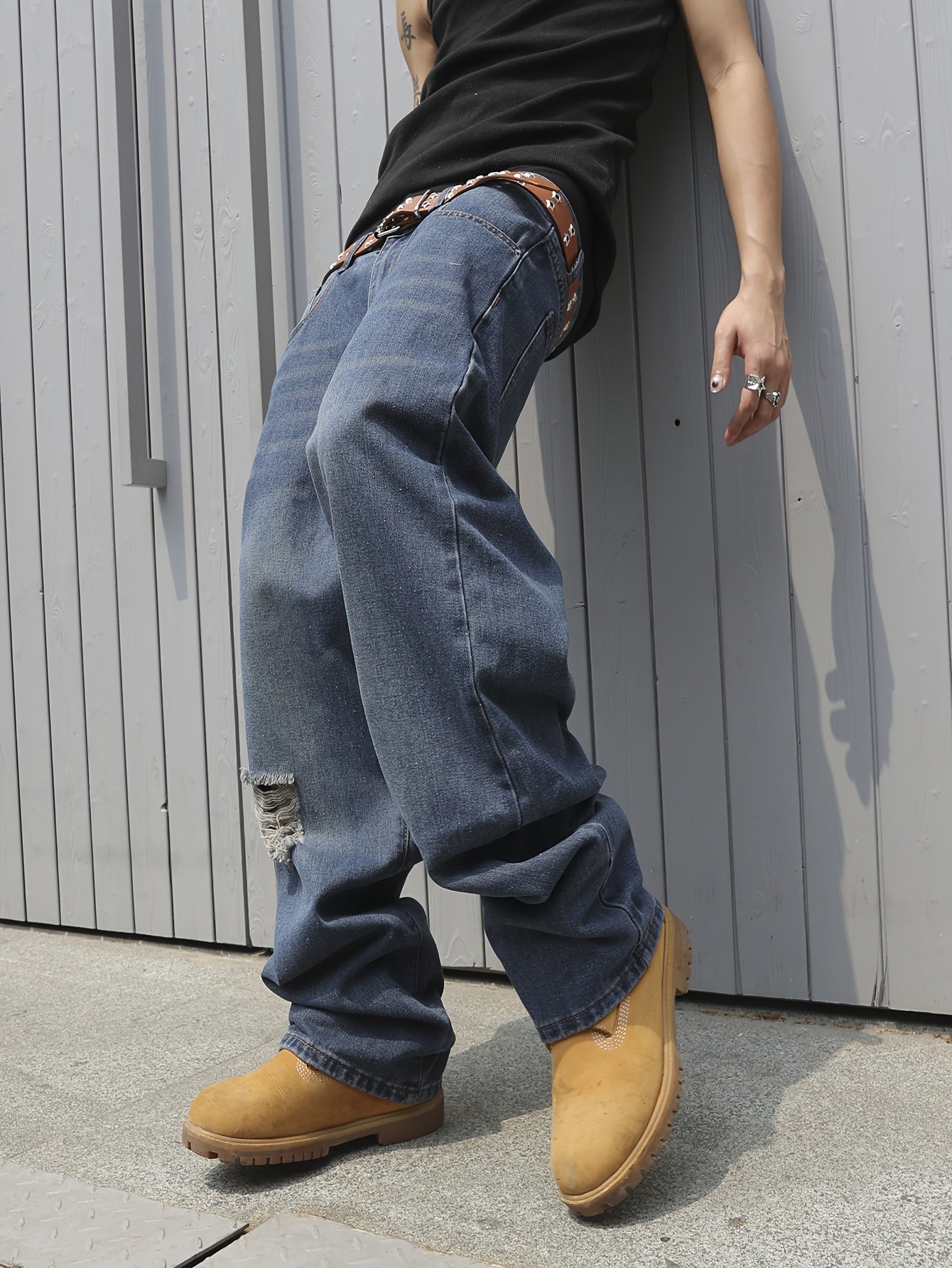 Men's Cotton Blend Chic Daily Ripped Baggy Jeans, Hip Hop Style Loose Fit Streetwear Denim Jeans