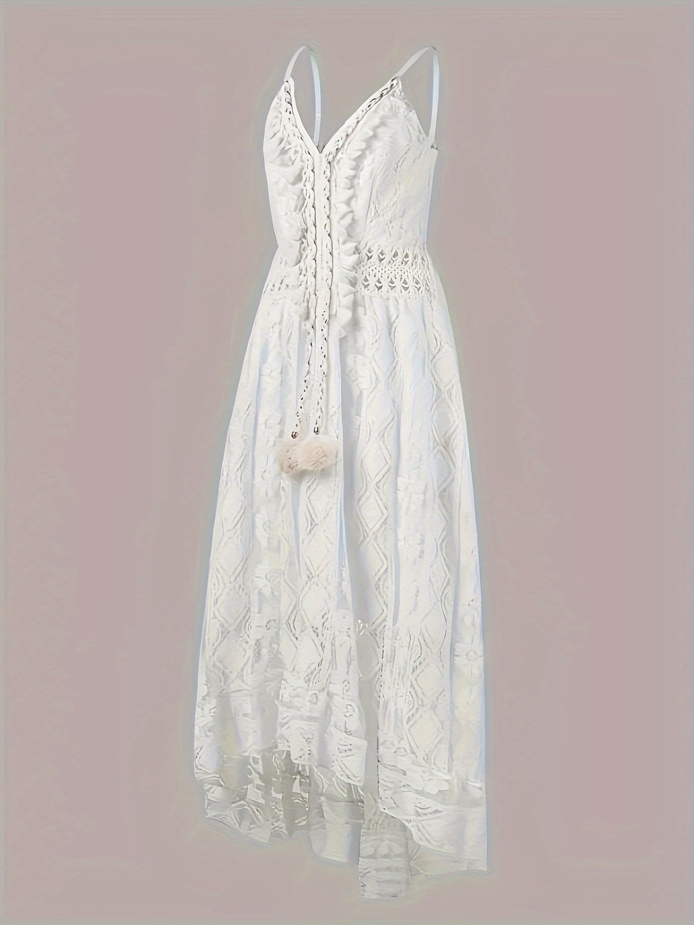Chic Sleeveless Lace Cami Dress - Elegant Dipped Hem & Tassel Detail - Versatile for Evening & Casual Wear