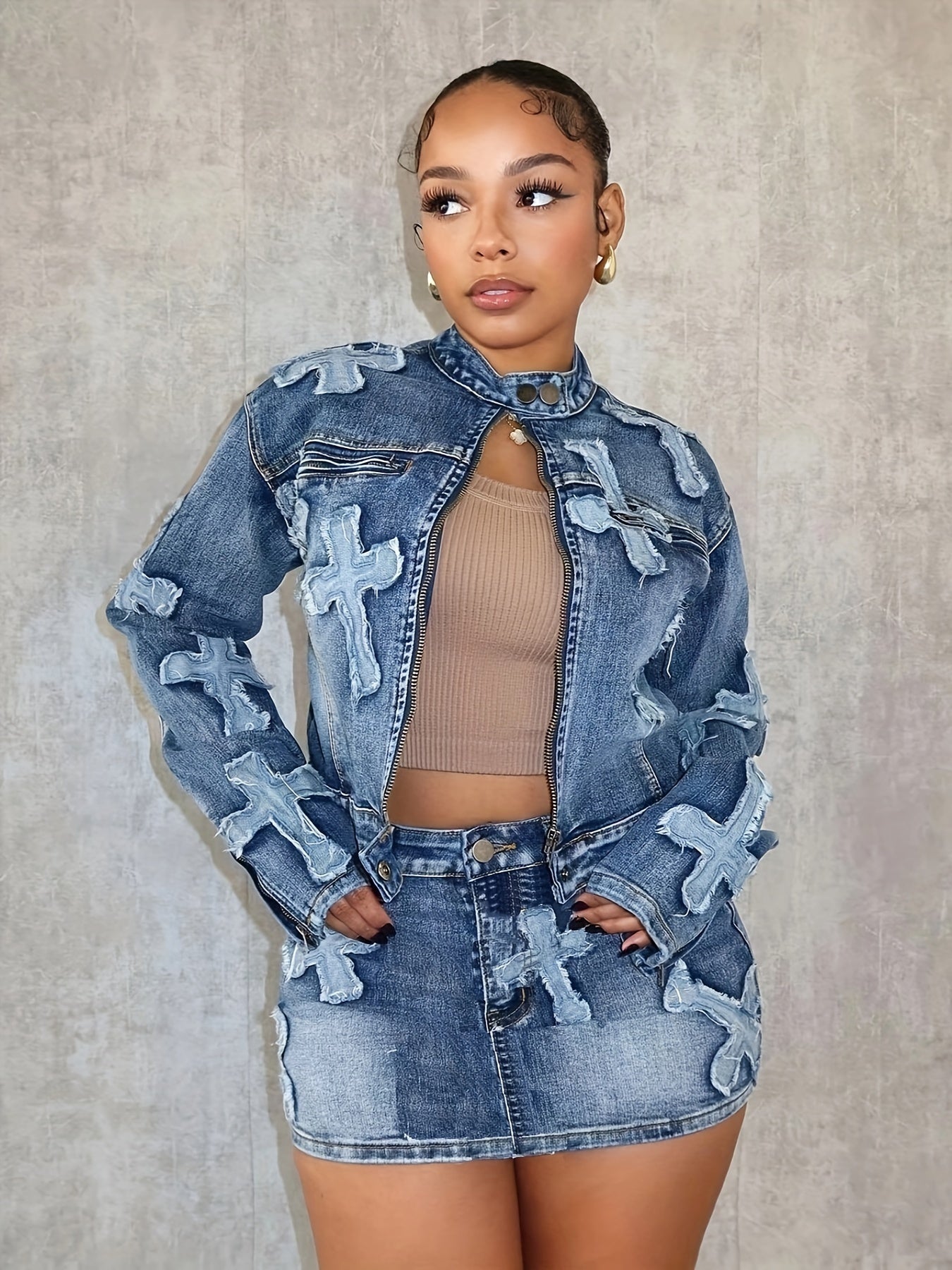 Mid Waist Brief Stretchy Denim Skater Skirt - Embroidered, Patchwork, Frayed Accents, High Stretch Fabric, Street Style, Casual Summer Fashion, Customized, Slim Fit, Woven, No Printing, Spring/Summer/Fall Wear