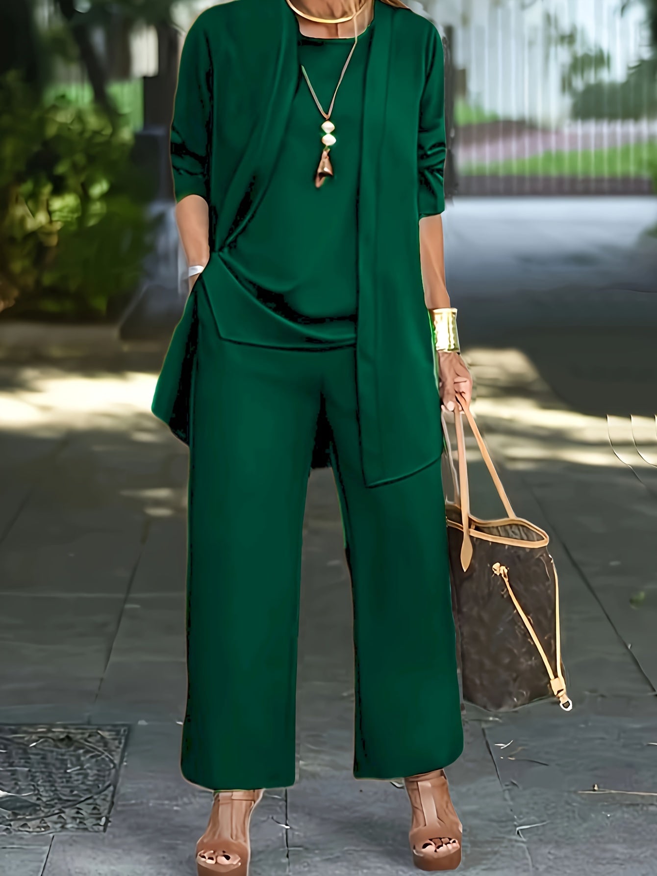 LOVECCR Casual Three-piece Solid Set, Long Sleeve Cardigan & Top & Long Pants Outfits, Women's Clothing