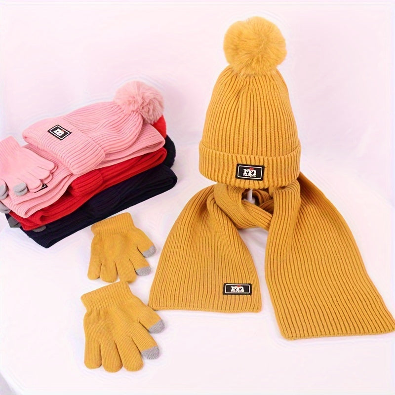 Winter Beanie Scarf Glove Set - 3 Piece Knitted Warm Accessories Kit, Elastic Polyester & Cotton Blend, Crafted Beanie with Pom Pom Detail, Cozy Knit Gloves - Unisex Cold Weather Gear