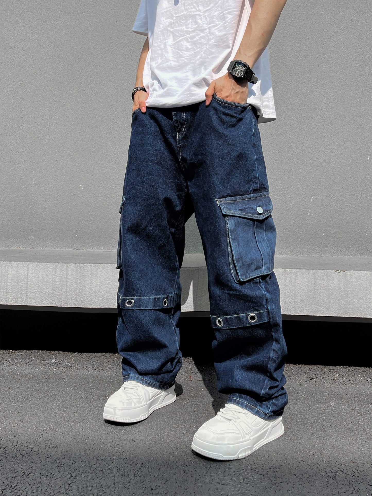 Men's Casual Loose Fit Jeans, Chic Street Style Multi Pocket Denim Pants