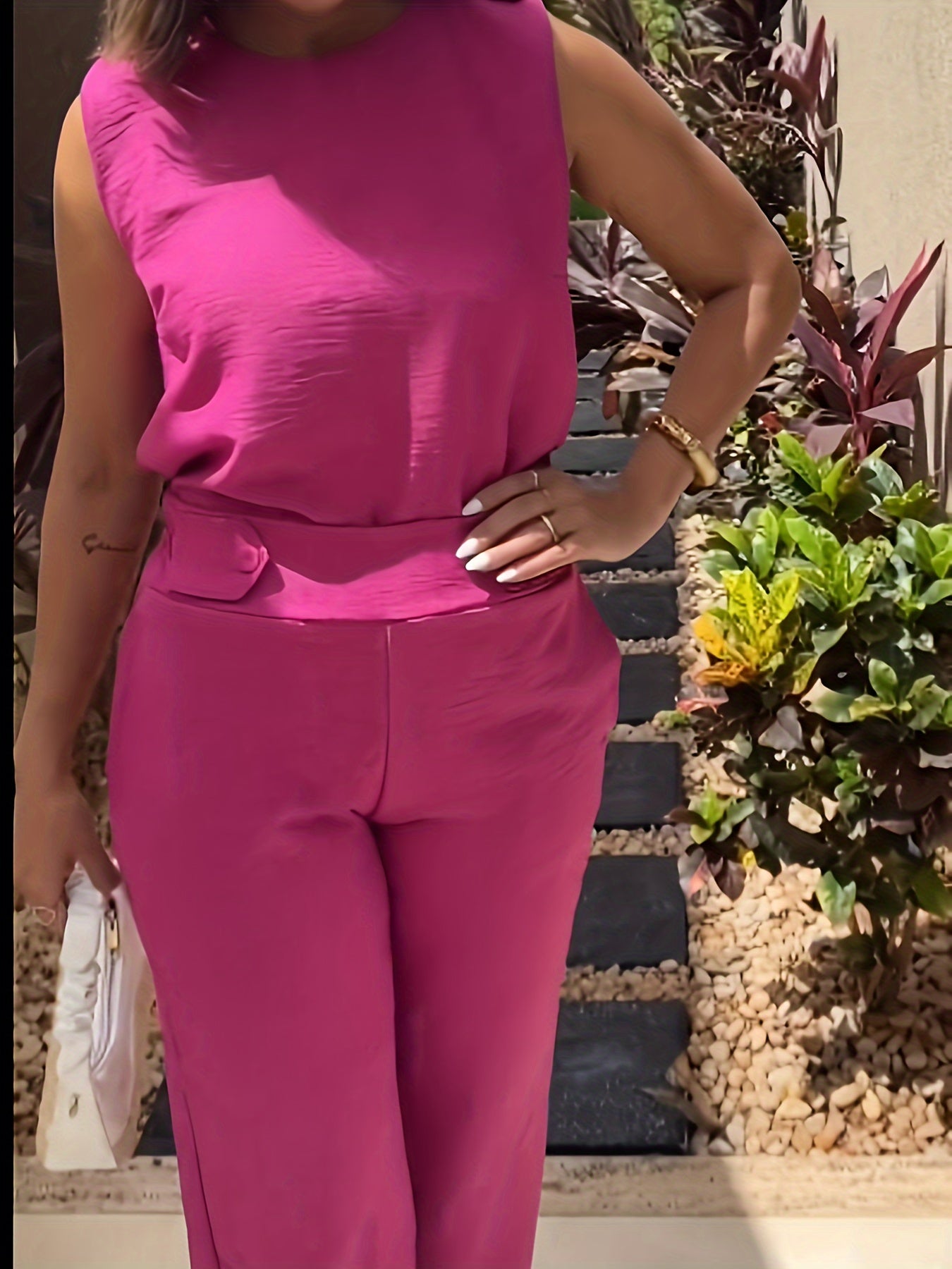 Two-Piece Chic Outfit - Sleeveless Tank Top with Slant Pocket & Button Details, Matching Pants, Casual, Comfortable, and Versatile Women's Clothing Set for Daily Wear