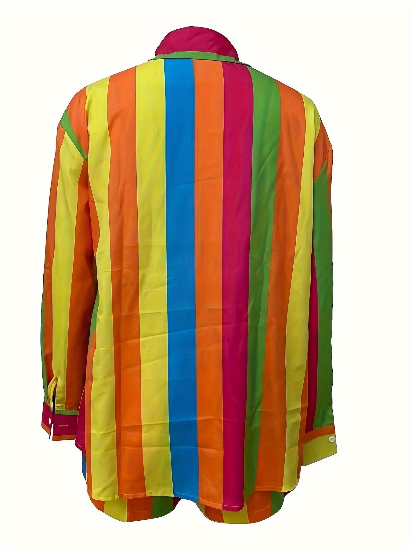 Two-Piece Colorful Stripe Print Outfit - Polo Collar Long Sleeve Button Shirt & Drawstring Shorts - Casual Polyester Clothing for Women, Machine Washable, Woven Fabric, Random Printing, Lapel Collar Style, No Elasticity, All-Season Wear