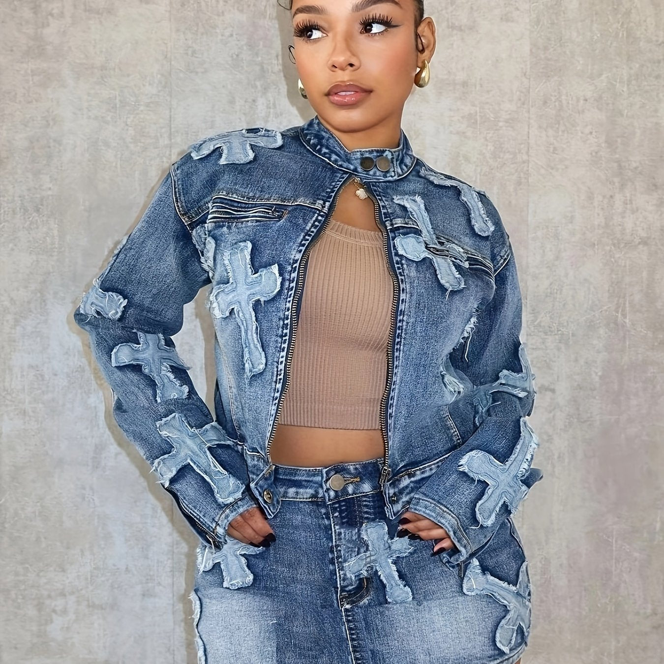 Mid Waist Brief Stretchy Denim Skater Skirt - Embroidered, Patchwork, Frayed Accents, High Stretch Fabric, Street Style, Casual Summer Fashion, Customized, Slim Fit, Woven, No Printing, Spring/Summer/Fall Wear
