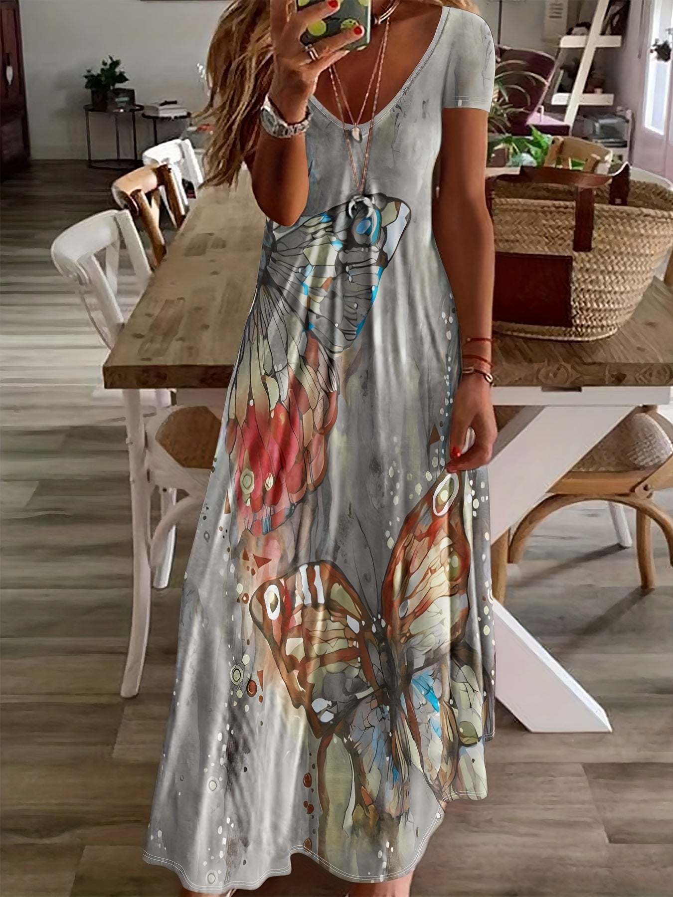 Butterfly Print V-Neck Casual Dress - Lightweight & Feminine for Spring & Summer - Short Sleeve, Comfortable Fit - Trendy Womens Clothing for Warm Weather