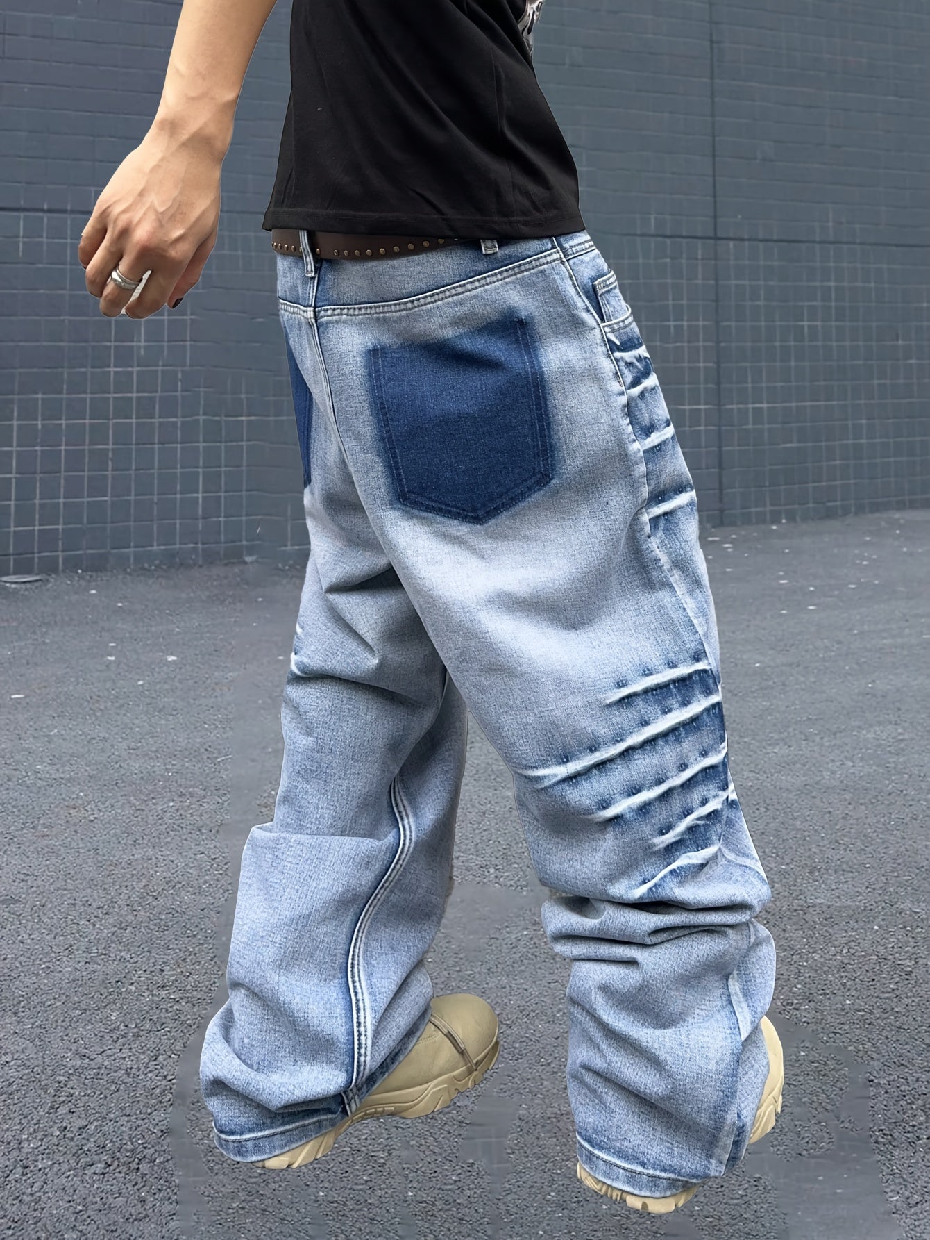 Men's Fashion Retro Washed Lightning Stripe Casual Loose Fit Cotton Blend Jeans with Pockets - Woven, Non-Stretch, Solid Color, Regular Length for Spring/Fall