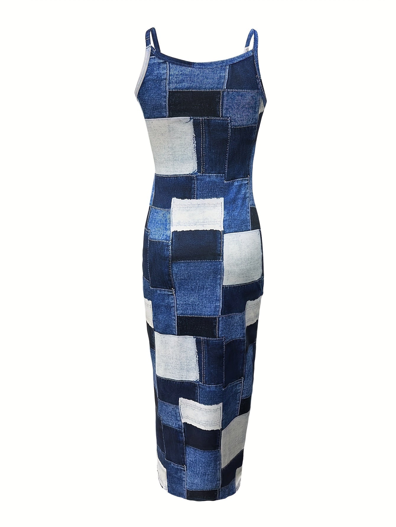 Patchwork Print Bodycon Dress, Elegant Spaghetti Strap Sleeveless Dress, Women's Clothing