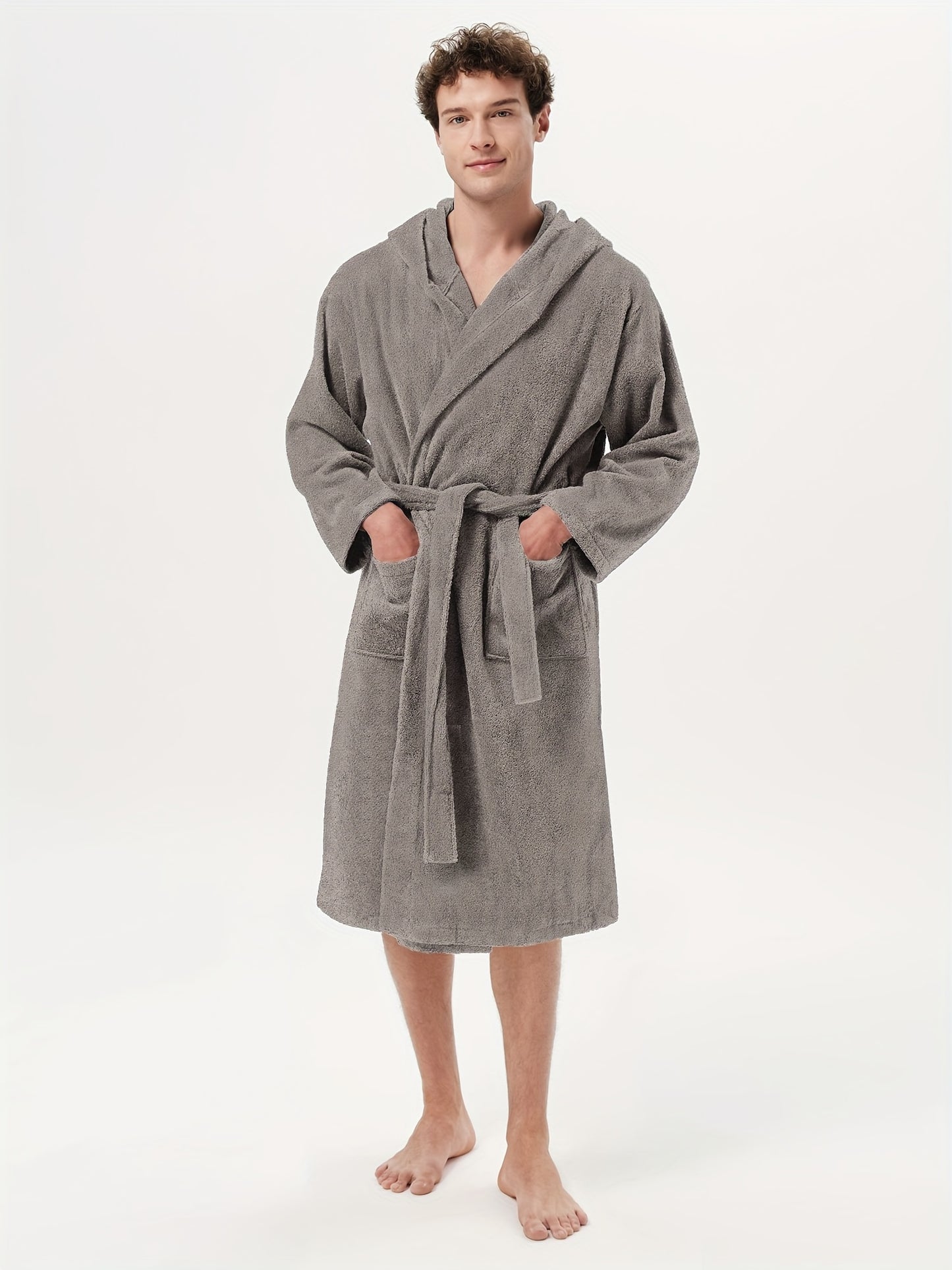 Ultra-Soft Terry Cloth Bath Robe - Men's Cotton Hooded Long Sleeves Knee Length Housecoat - Plush, Fluffy, and Absorbent for Ultimate Relaxation
