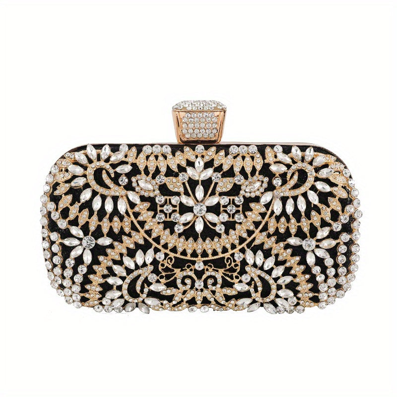 Hollow Rhinestone Flower Evening Bag, Luxury Box Clutch Purse, Women's Handbag For Wedding Party Prom Banquet And For Music Festival