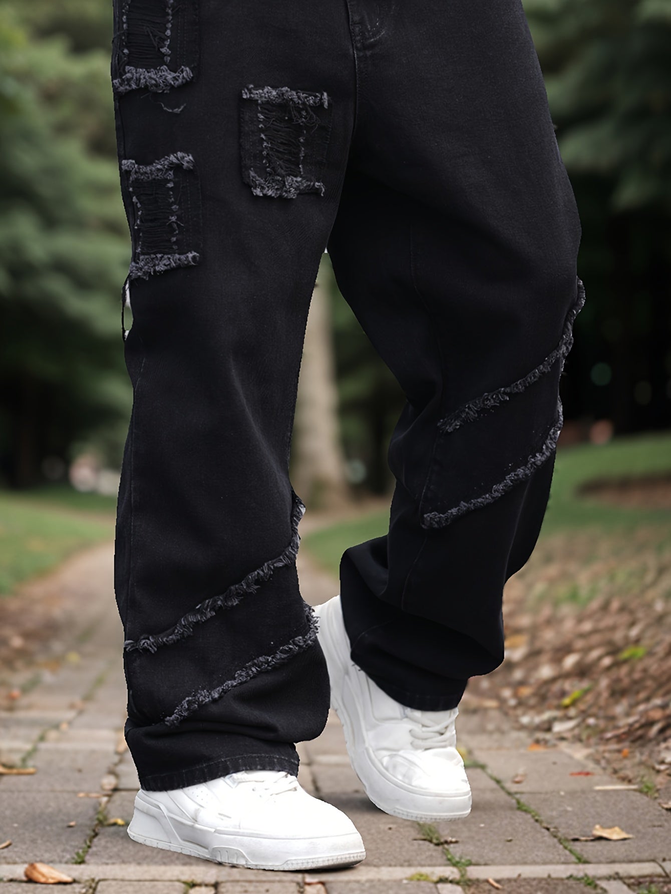 Loose Fit Frayed Hem Denim Jeans for Men - Soft Cotton Blend, Multiple Pockets, Street Style Fashion, Ideal for Outdoor Activities, Casual Daily Wear, and Travel