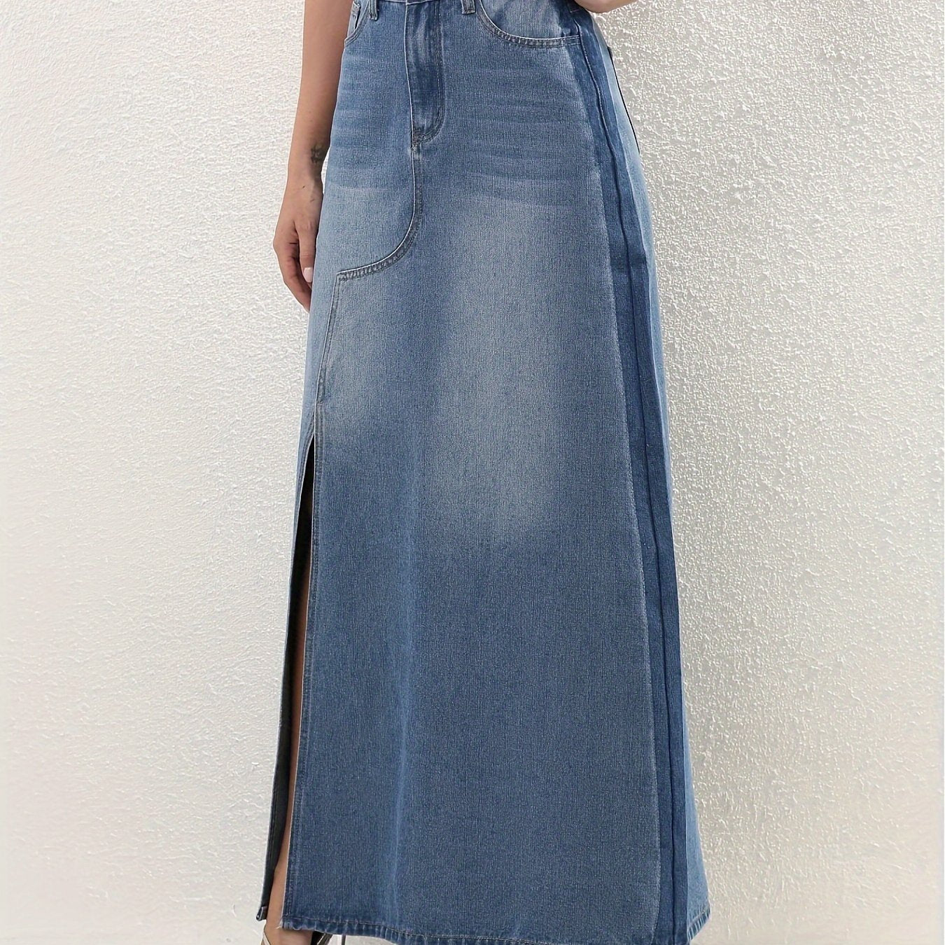 Elegant High Waist Ombre Denim Maxi Skirt with Slit | Versatile & Easy-Care - Perfect for Spring to Fall