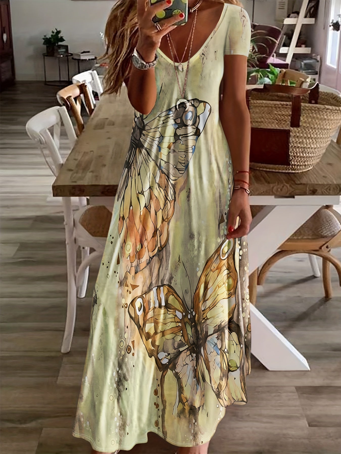 Butterfly Print V-Neck Casual Dress - Lightweight & Feminine for Spring & Summer - Short Sleeve, Comfortable Fit - Trendy Womens Clothing for Warm Weather