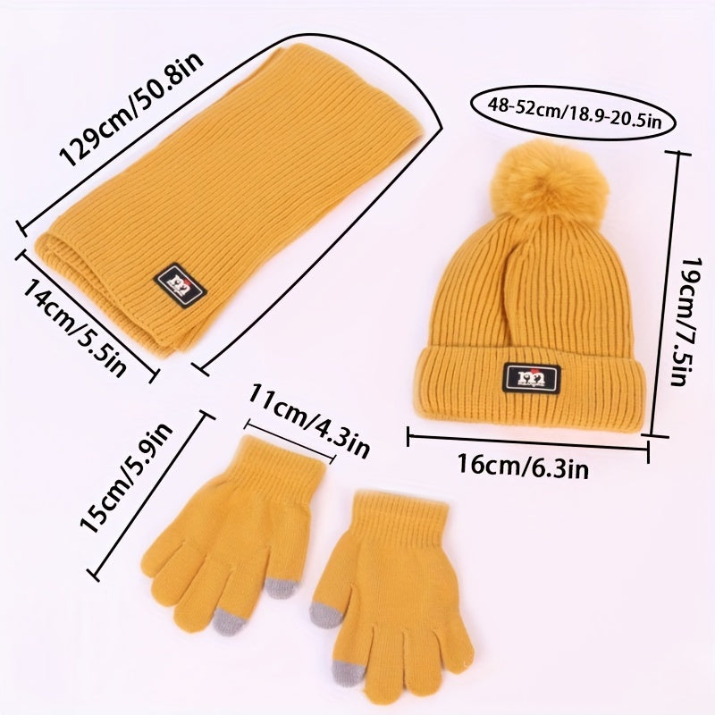 Winter Beanie Scarf Glove Set - 3 Piece Knitted Warm Accessories Kit, Elastic Polyester & Cotton Blend, Crafted Beanie with Pom Pom Detail, Cozy Knit Gloves - Unisex Cold Weather Gear