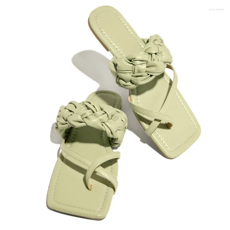 Slippers Women's Summer Sandals Casual Weave Sexy Outdoor Flip Flops Female Cross-tied Slides Flat Square Heel Plus Size 43