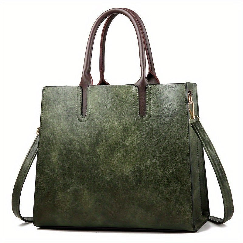 Women's Vintage Commuter Tote Bag New Soft Leather Fashion Tote, PU Material, Zipper Closure, Waxed Edges, Available in Red, Black, Pink, Beige, Grey, Green - No Included Components