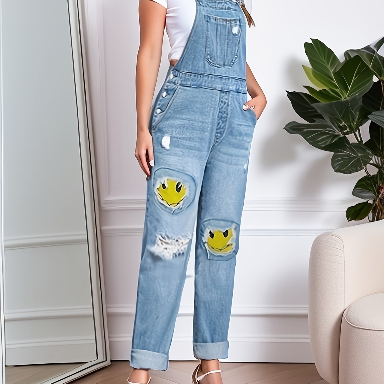 Smiling Face Patchwork Denim Jumpsuit, Ripped Holes Slant Pockets Casual Denim Overall, Women's Denim Clothing