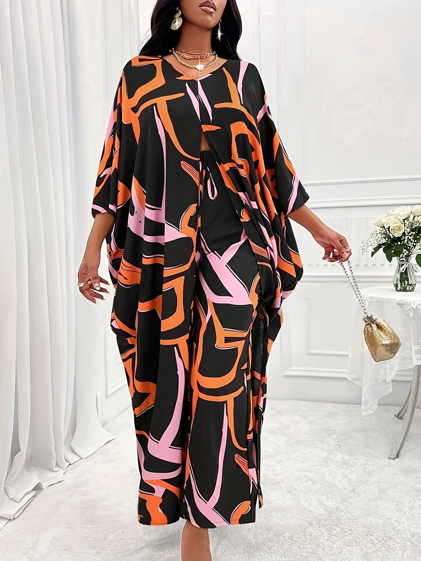 Two-Piece All Over Print Elegant Outfit - V Neck Batwing Sleeve Slit Top & High-Waisted Pants Set - Polyester, Non-Elastic, Woven, Random Print, Suitable for All Seasons