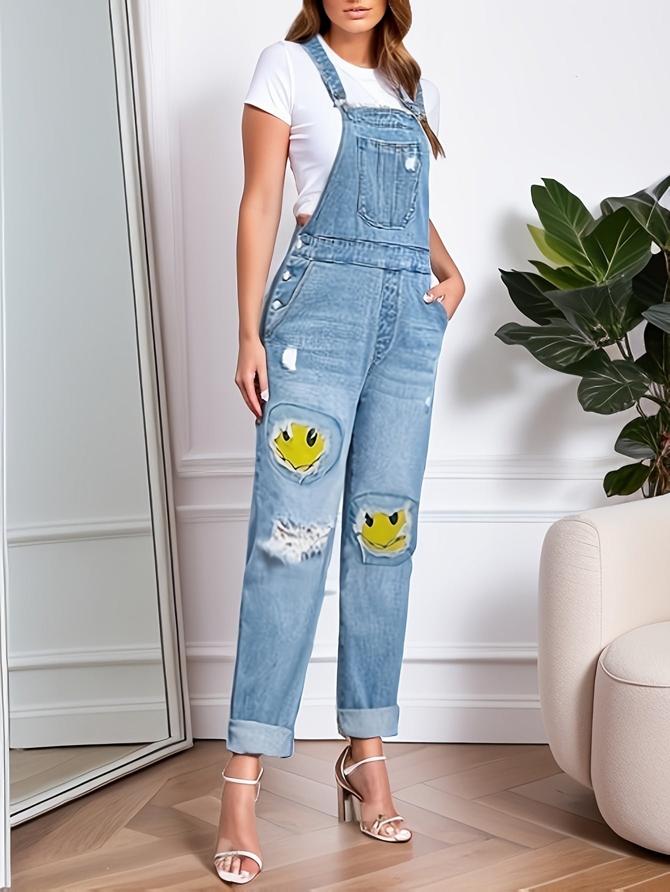 Smiling Face Patchwork Denim Jumpsuit, Ripped Holes Slant Pockets Casual Denim Overall, Women's Denim Clothing