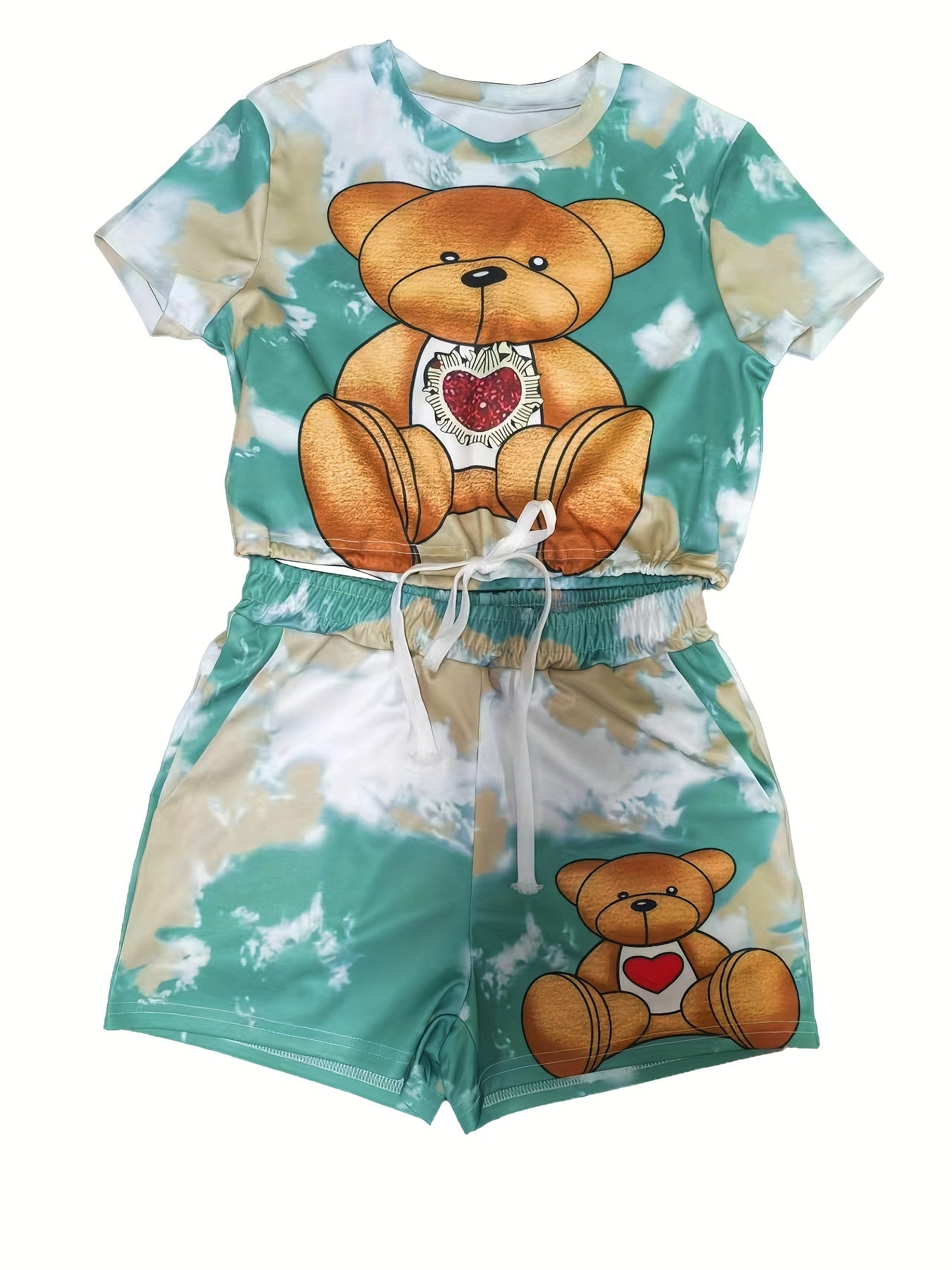 Adorable Womens Cartoon Bear Print Two-Piece Set - Comfortable Short Sleeve Tee with Adjustable Drawstring & Elastic Waist Shorts Outfit for Casual Summer Style