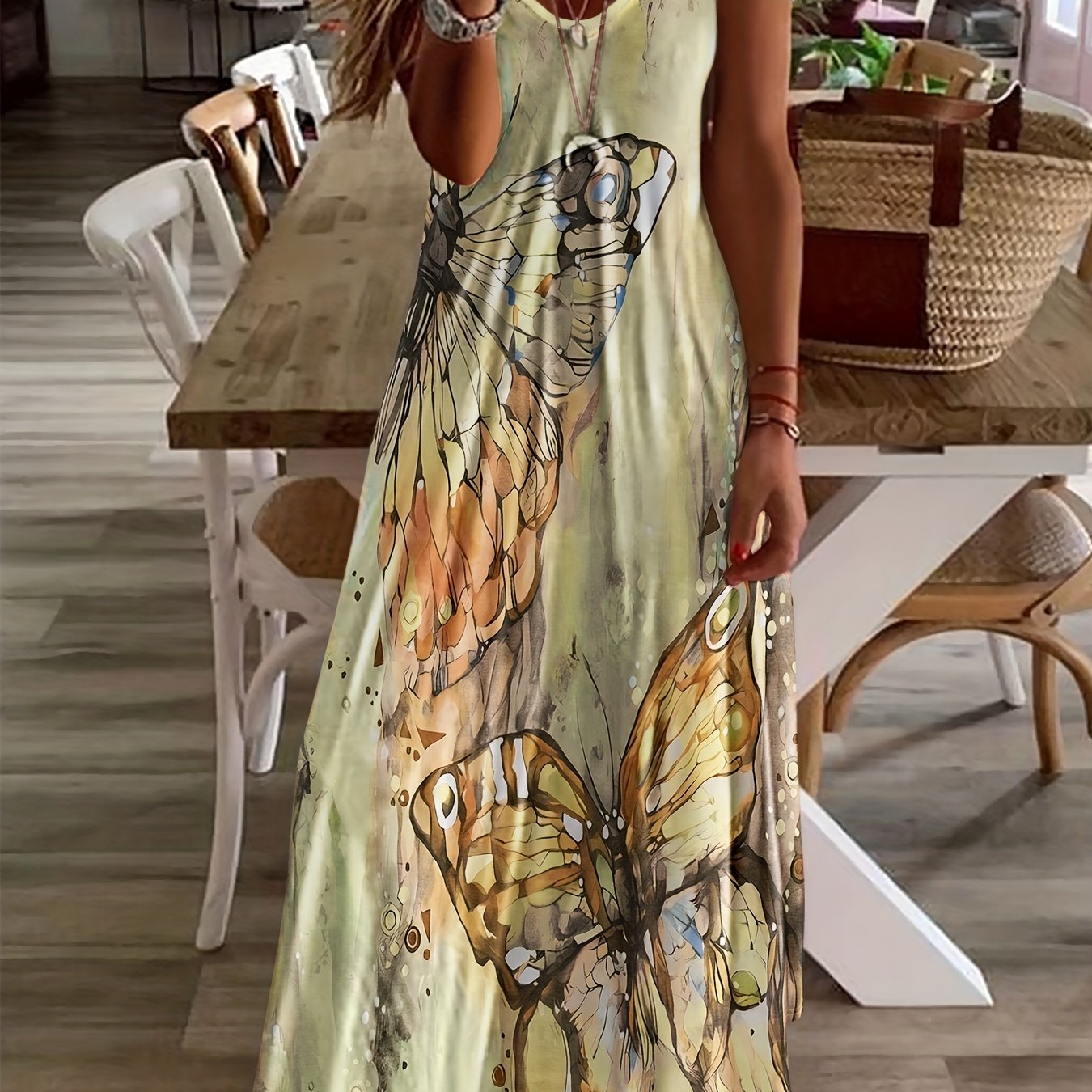 Butterfly Print V-Neck Casual Dress - Lightweight & Feminine for Spring & Summer - Short Sleeve, Comfortable Fit - Trendy Womens Clothing for Warm Weather