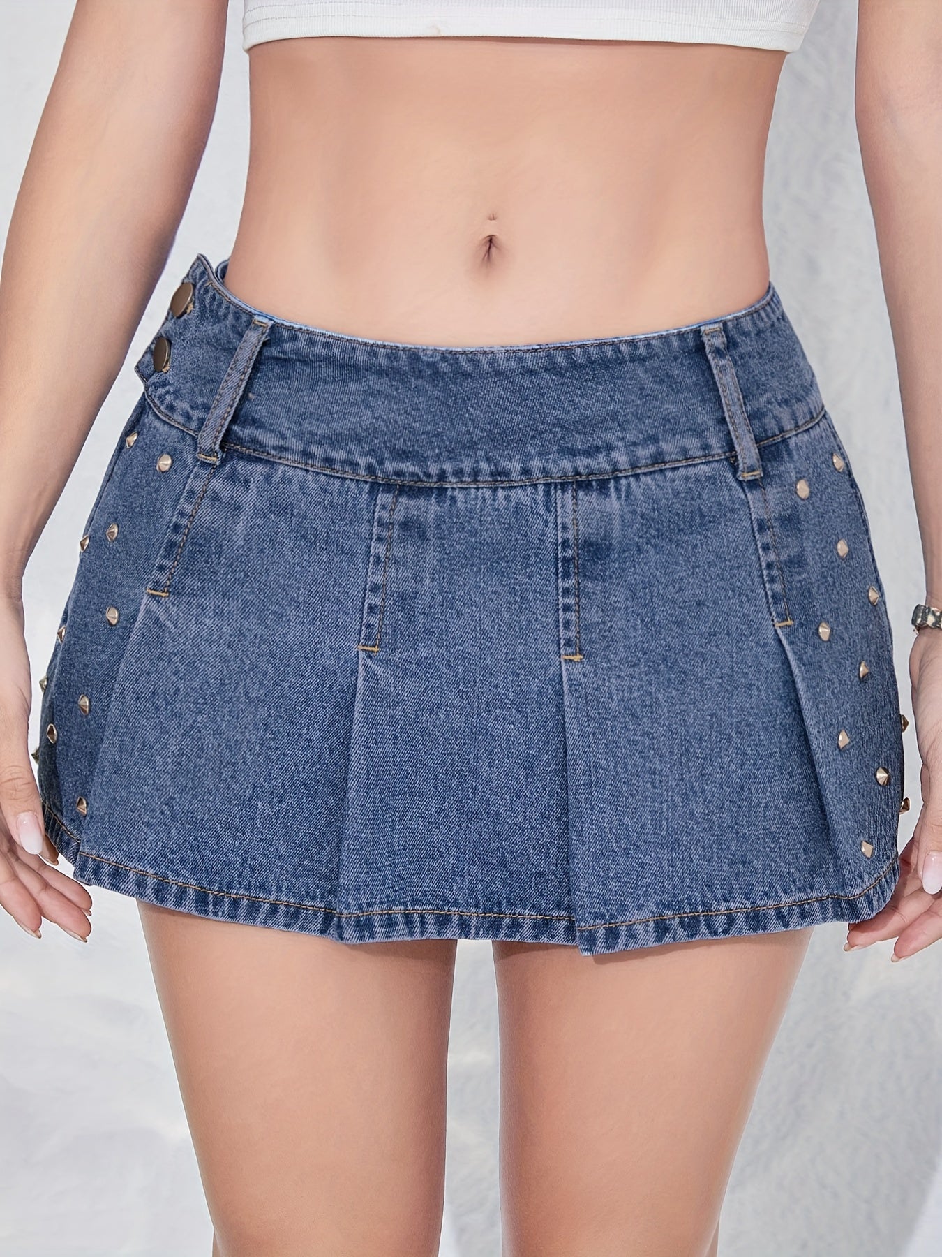 Sexy Mini Denim Pleated Skirt - Studded, Non-Stretch, Solid Color, Woven, Customized, Low Rise, Summer Casual Wear for Women - Perfect for Spring, Summer, and Fall Seasons