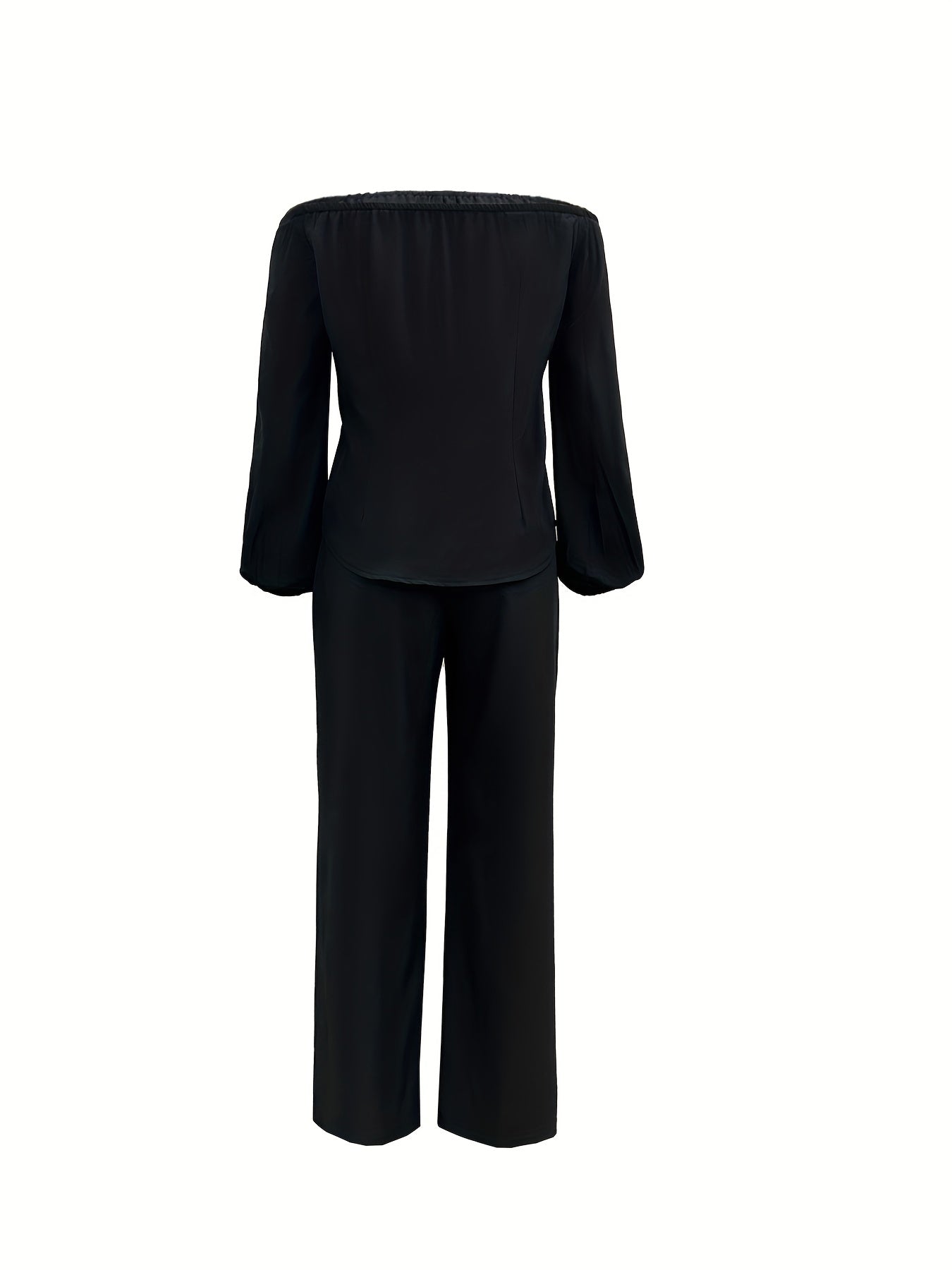 Chic Off-Shoulder Lantern Sleeve Top & Straight Leg Pants Set - Casual Elegance for Modern Women