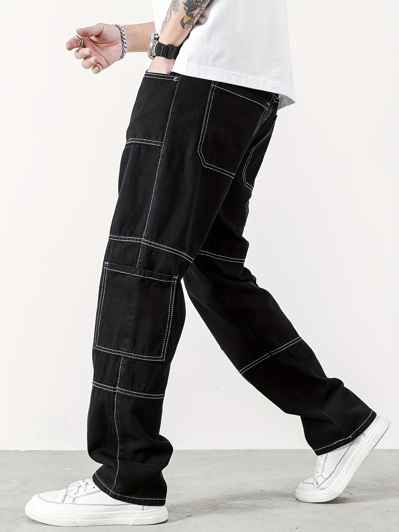 Mens Casual Cargo Pants with Spacious Pockets - Comfortable Straight Leg, Loose Fit Denim Style - Perfect for Outdoor Adventures, Trendy K-pop Inspired