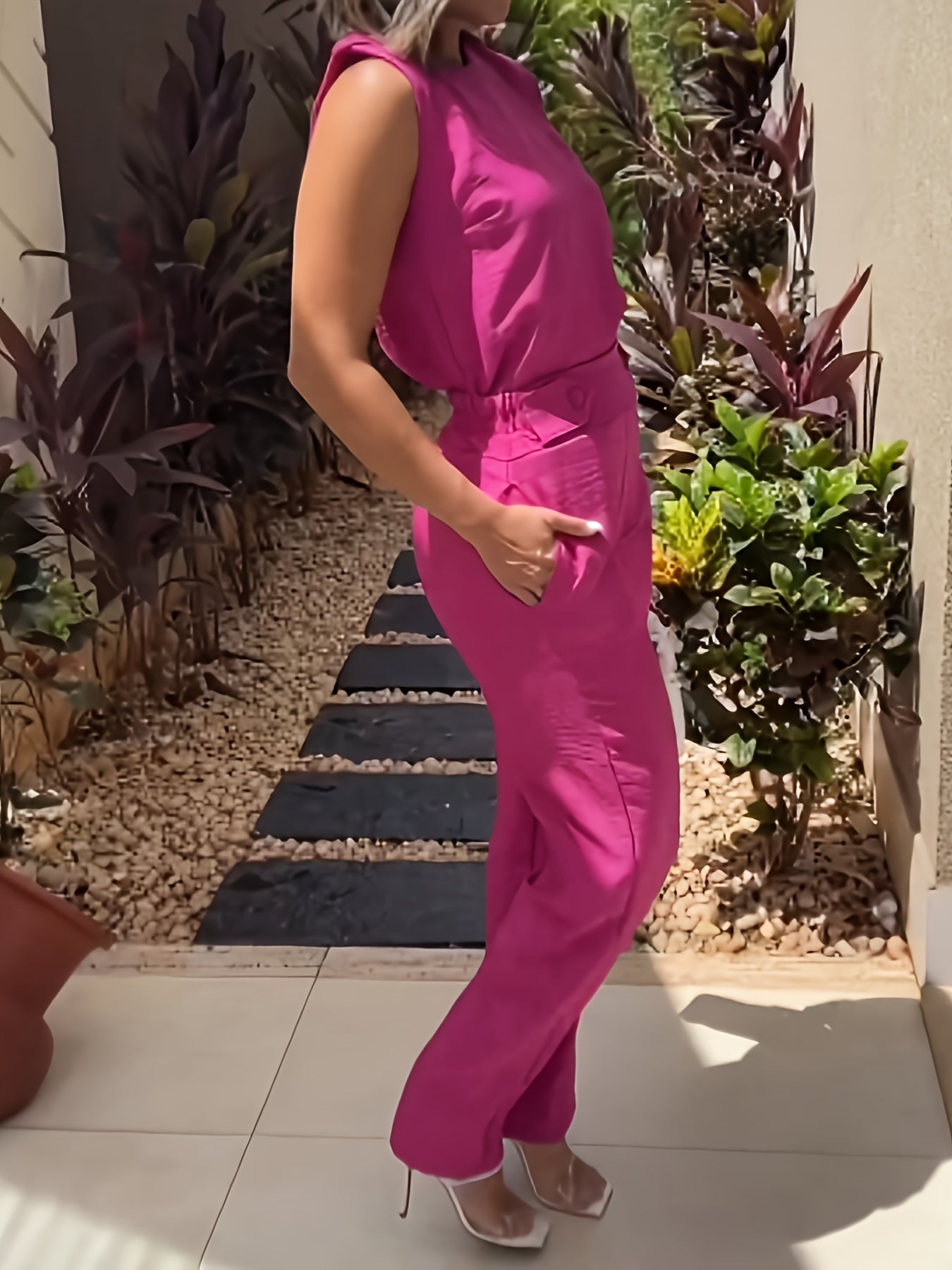 Two-Piece Chic Outfit - Sleeveless Tank Top with Slant Pocket & Button Details, Matching Pants, Casual, Comfortable, and Versatile Women's Clothing Set for Daily Wear