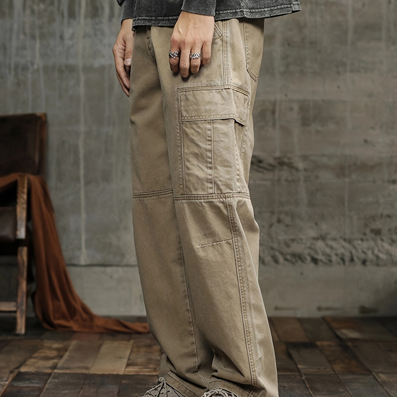 Men's Stylish 100% Cotton Loose Solid Pants With Pockets, Casual Breathable Comfy Trousers For City Walk Street Hanging Outdoor Activities
