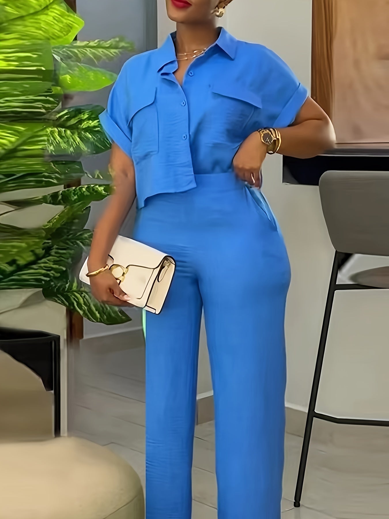 Two-Piece Solid Color Casual Outfit - Lapel Collar Short Sleeve Shirt and Pants Set - Polyester Woven Fabric, Spring/Summer Essential, No Elasticity, No Printing, and No Sheer