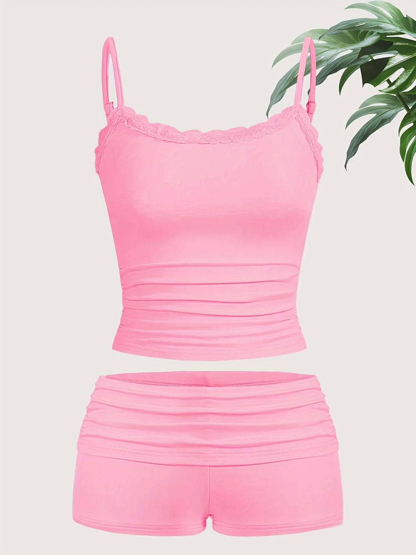 Solid Color Casual Shorts Set, Lace Trim Spaghetti Strap Cami Top & Skinny Shorts Outfits, Women's Clothing