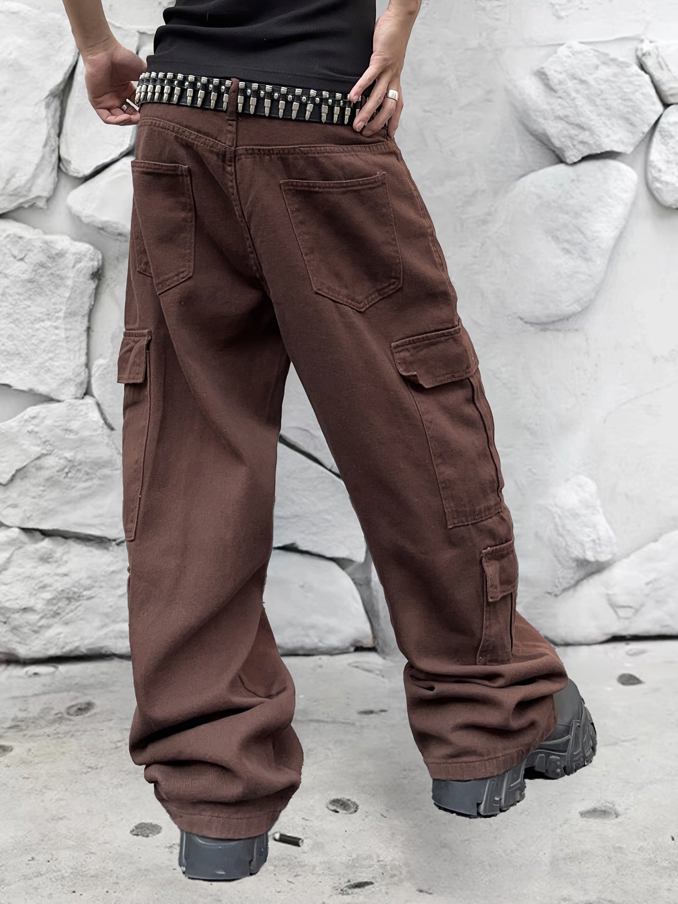 Street Style Solid Wide Leg Cargo Denim Pants For Men, Leisure Trendy Jeans For Males