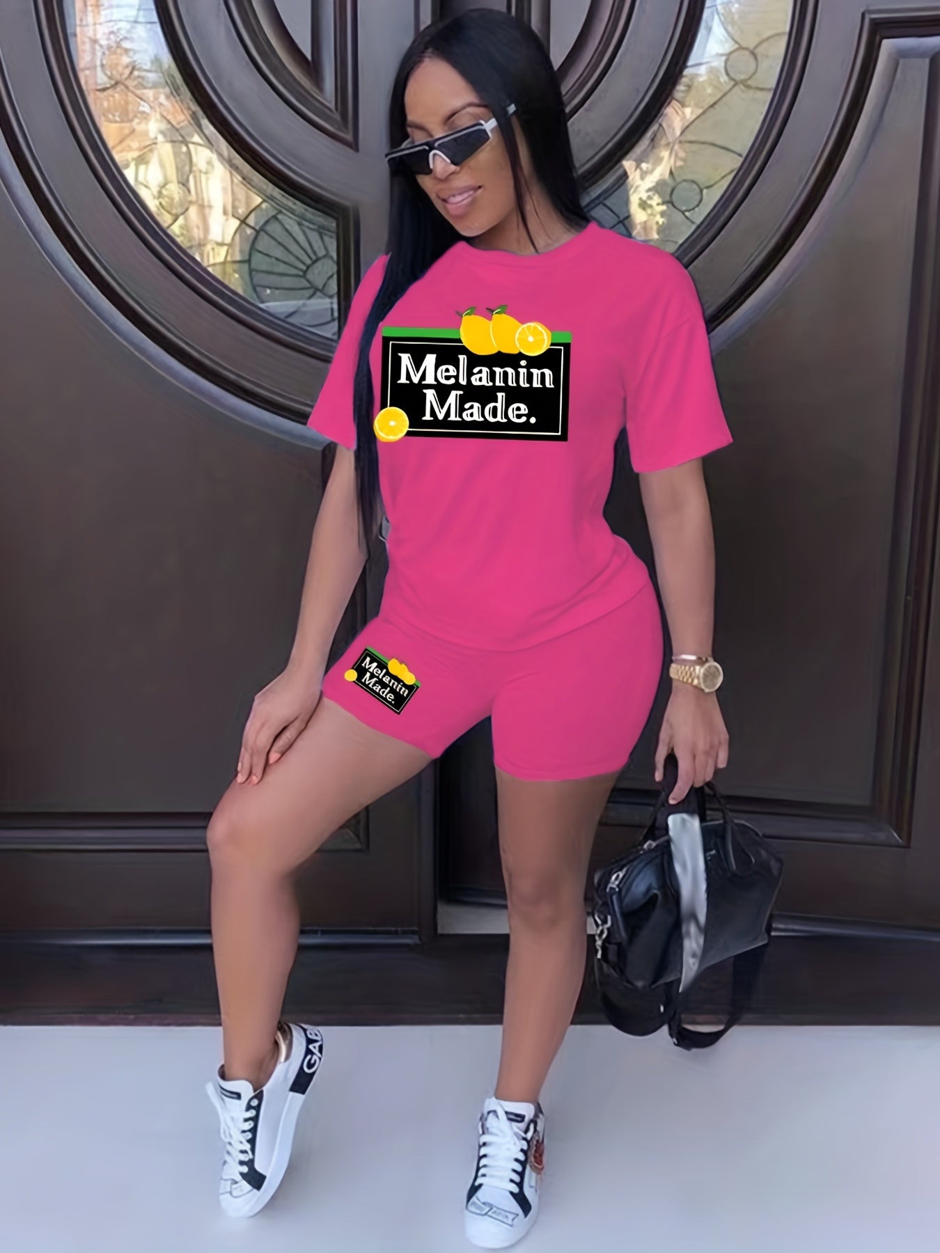 Vibrant Melanin Two-Piece Set - Short Sleeve Mock Neck T-Shirt with Casual Letter & Lemon Print, Elastic Waist Sporty Shorts for Women - Comfortable, Breathable, and Stylish Summer Outfit