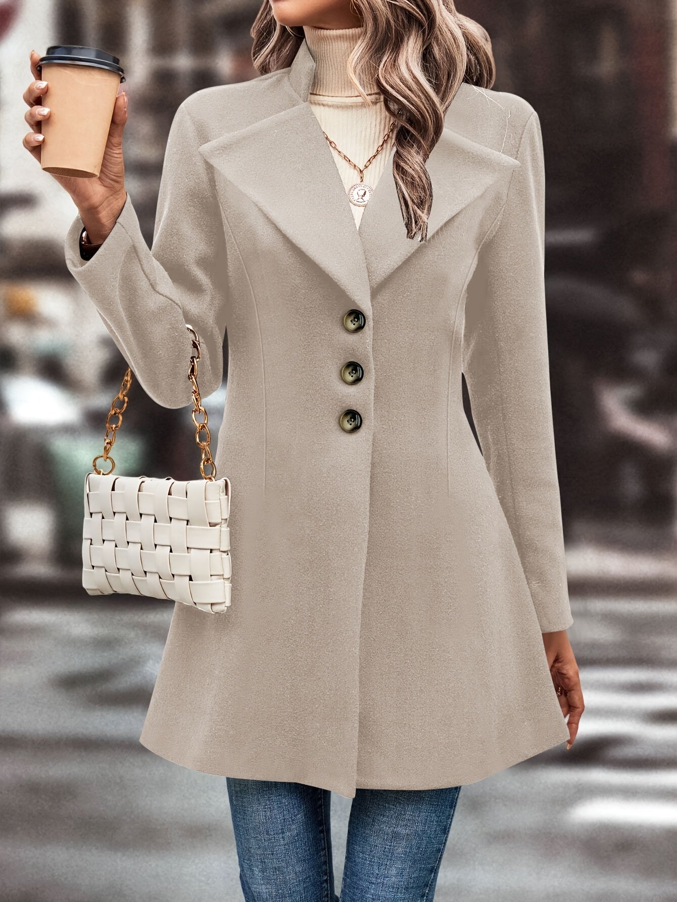 Classic Single Button Lapel Long Sleeve Solid Color Polyester Knit Overcoat - Elegant Winter Outwear with Micro Elasticity and Versatile Style - Perfect for Womens Formal Occasions