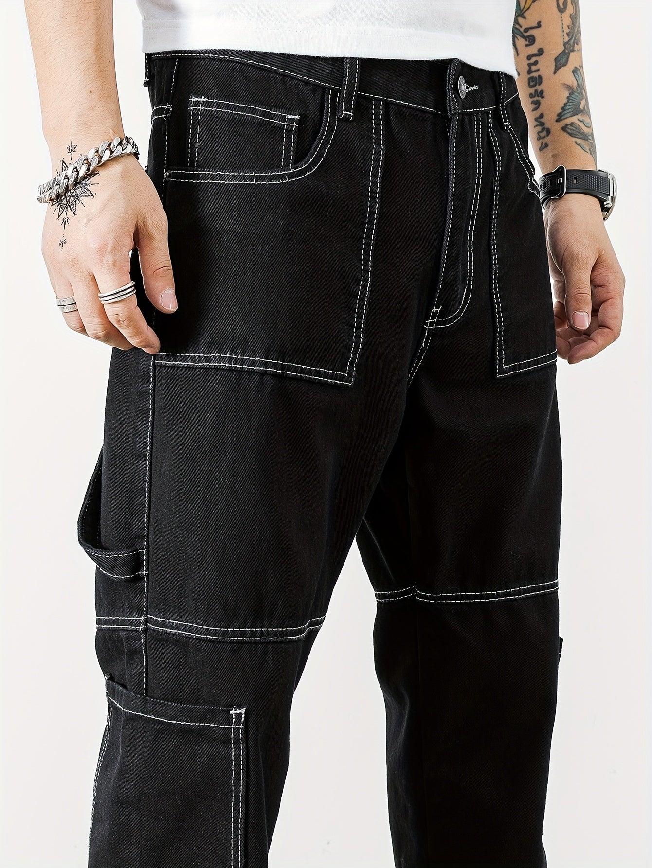 Mens Casual Cargo Pants with Spacious Pockets - Comfortable Straight Leg, Loose Fit Denim Style - Perfect for Outdoor Adventures, Trendy K-pop Inspired