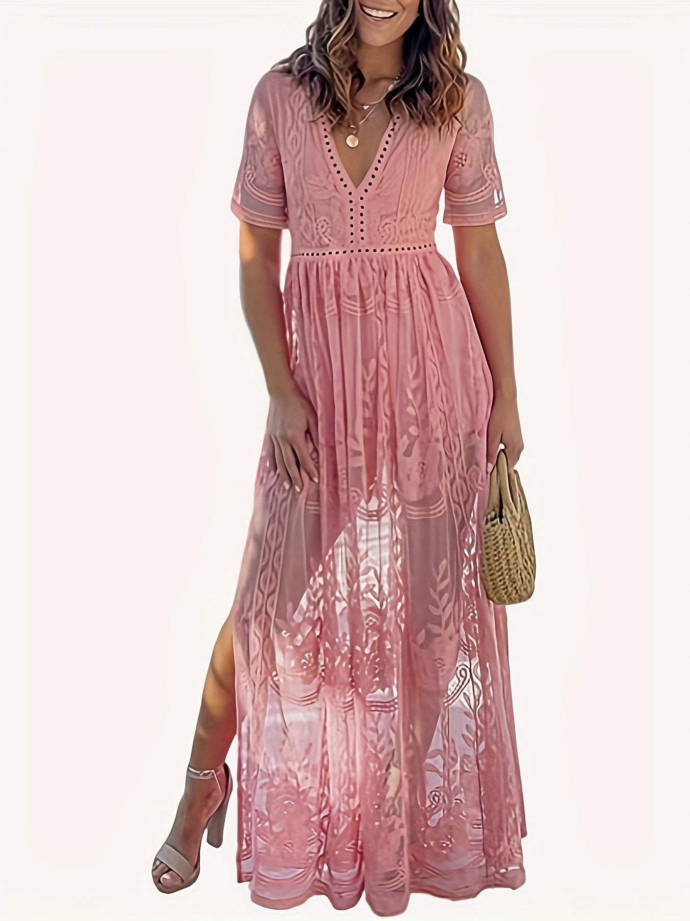 Romantic Lace Plunge Neck A-line Dress - Flirty Short Sleeves, Adjustable Split Hem for Spring & Summer Vacations - Womens Chic Casual Wear