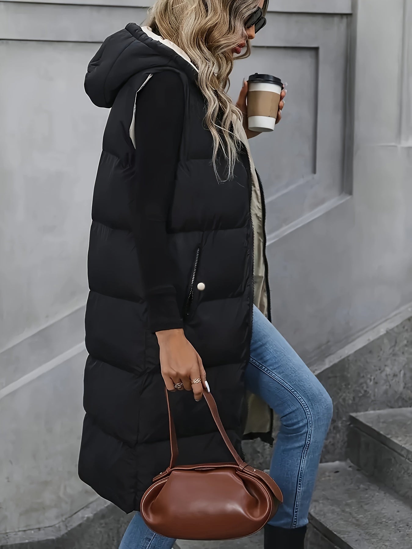 Cozy Puffy Midi Vest - Warm, Sleeveless, Zip-up Hoodie with Slant Pockets for Fall & Winter - Women's Casual Clothing for Everyday Wear