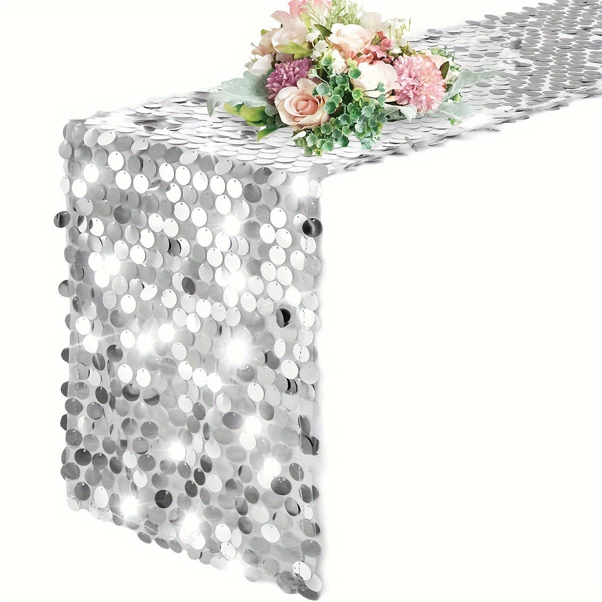1pc Large Rectangle Premium Sequin Table Runner, 12X108inch Slivery Glitter Decor for Halloween, Christmas, Wedding, Birthday Party, Banquet, Home Supplies