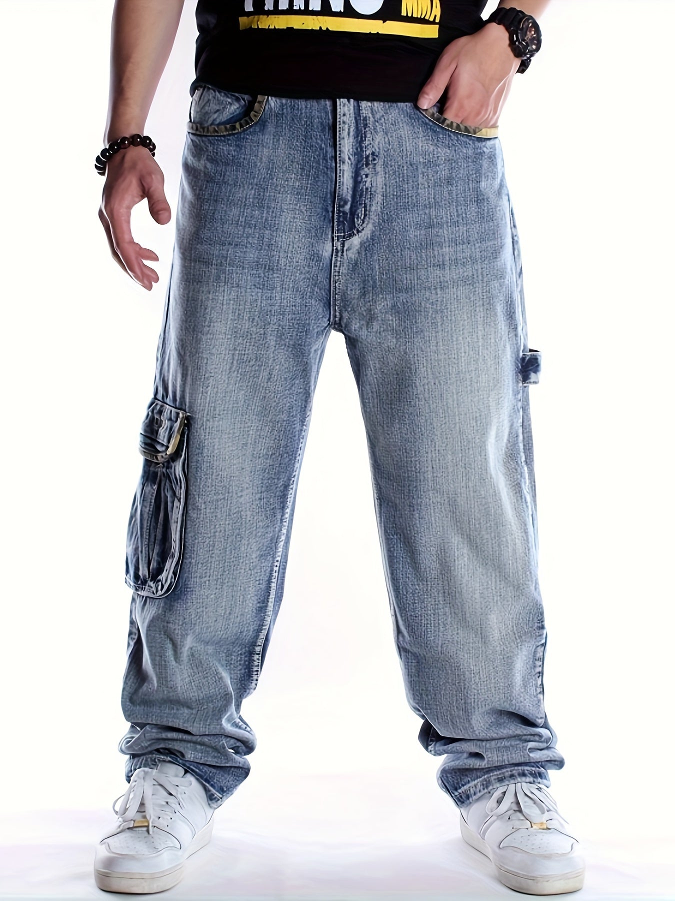 Plus Size Men's Fashionable Multi-Pocket Straight Leg Jeans - Stylish Street Dance and Skateboard Wear with Loose Fit, Round Neck, and Hip Hop Inspiration - Daily Wear for Casual Occasions