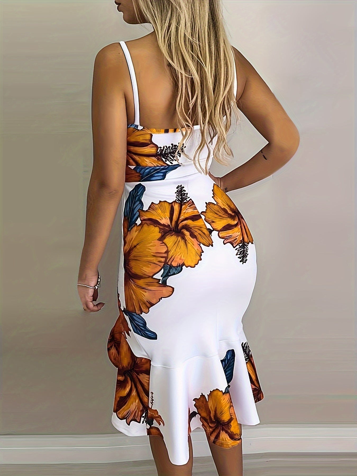 Spring/Summer Chic Floral Bodycon Dress - Sexy V Neck with Asymmetrical Ruffle Hem, Durable Stretch Knit Fabric & Spaghetti Straps